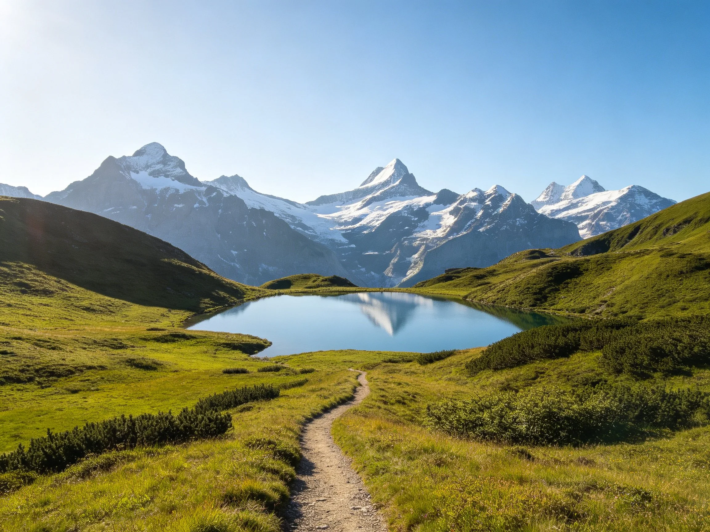 Snow-capped mountain peaks overlook a calm alpine lake with rolling green hills
