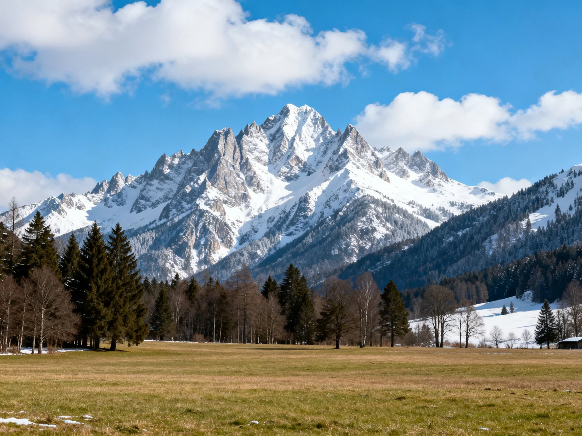Snow - capped mountain peaks overlook a forested meadow under bright blue sky