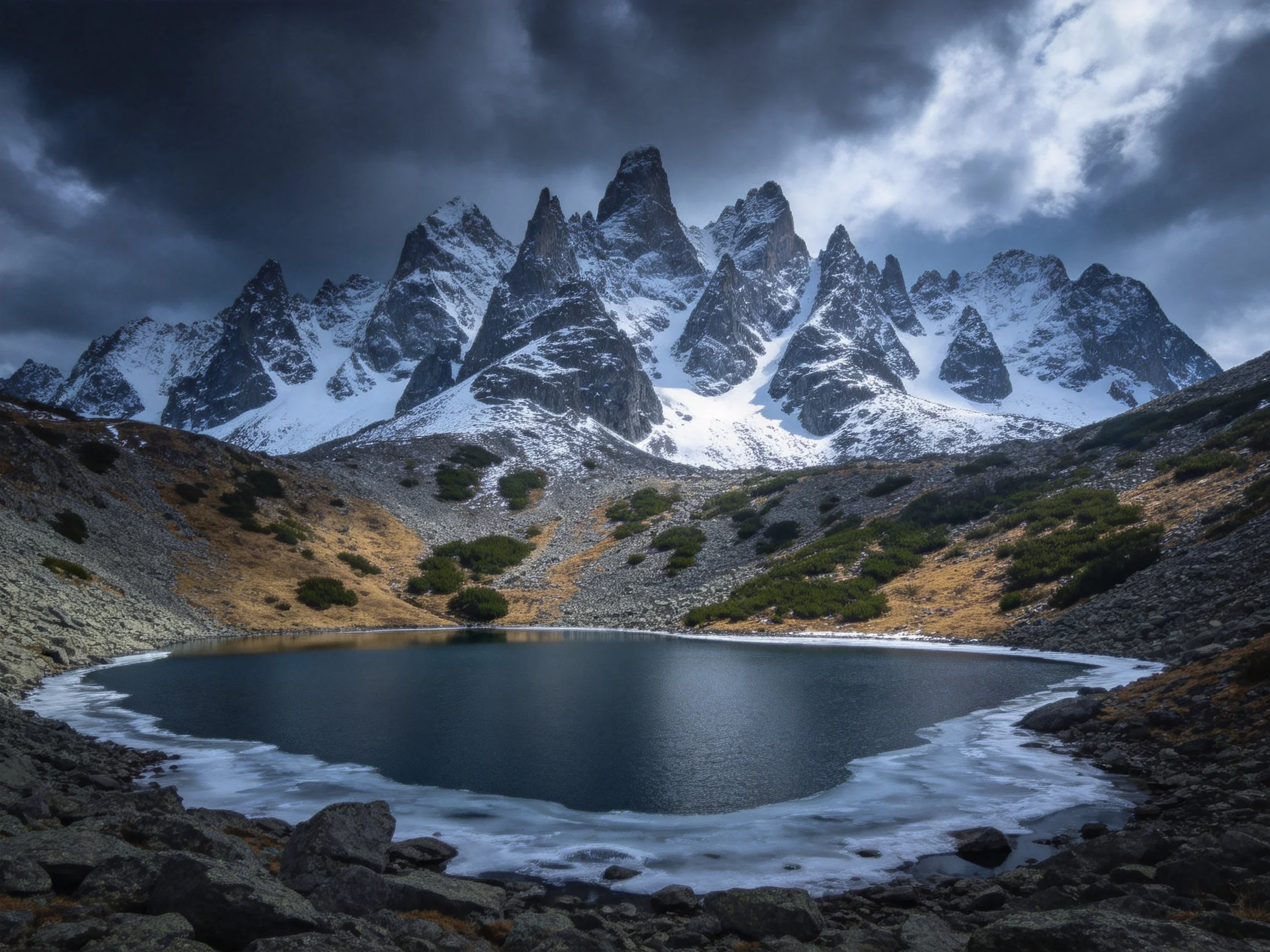 Snow-capped mountain peaks overlook a frozen alpine lake under stormy skies