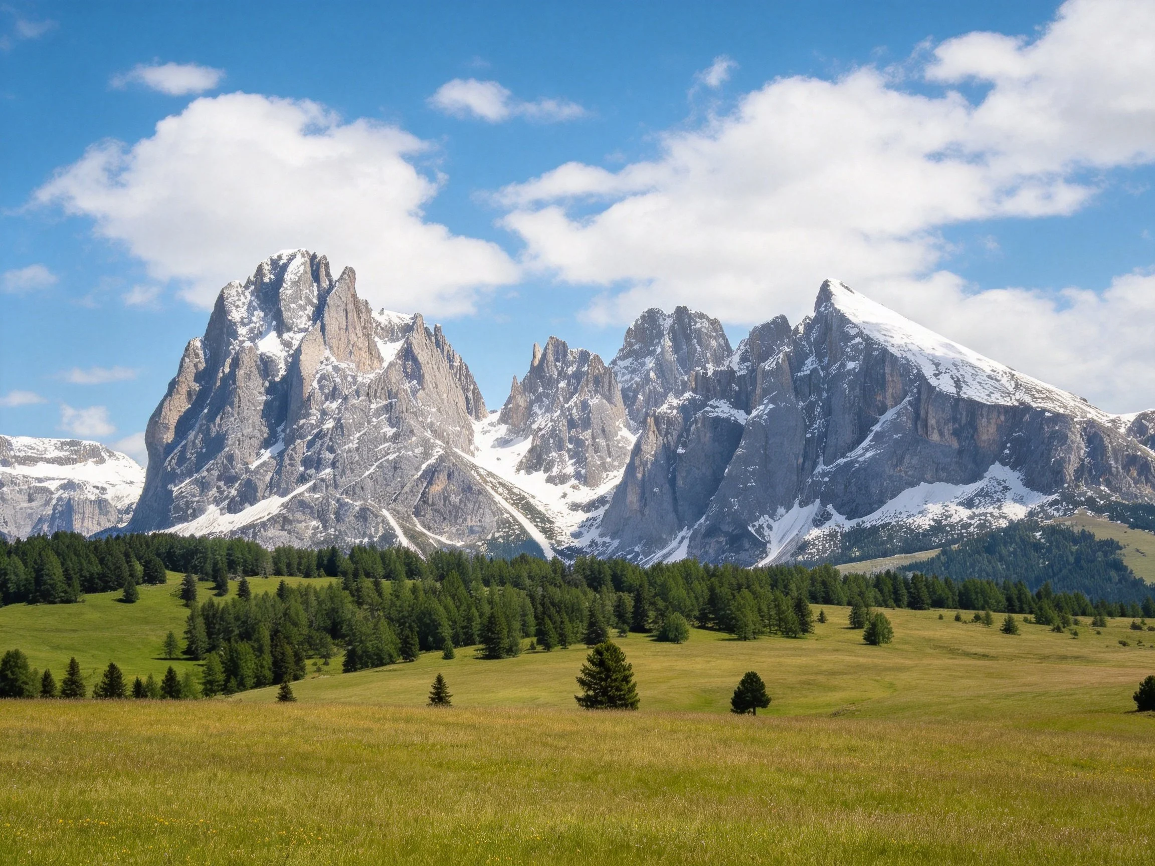 Snow-capped mountain peaks overlook a lush green meadow with pine forest