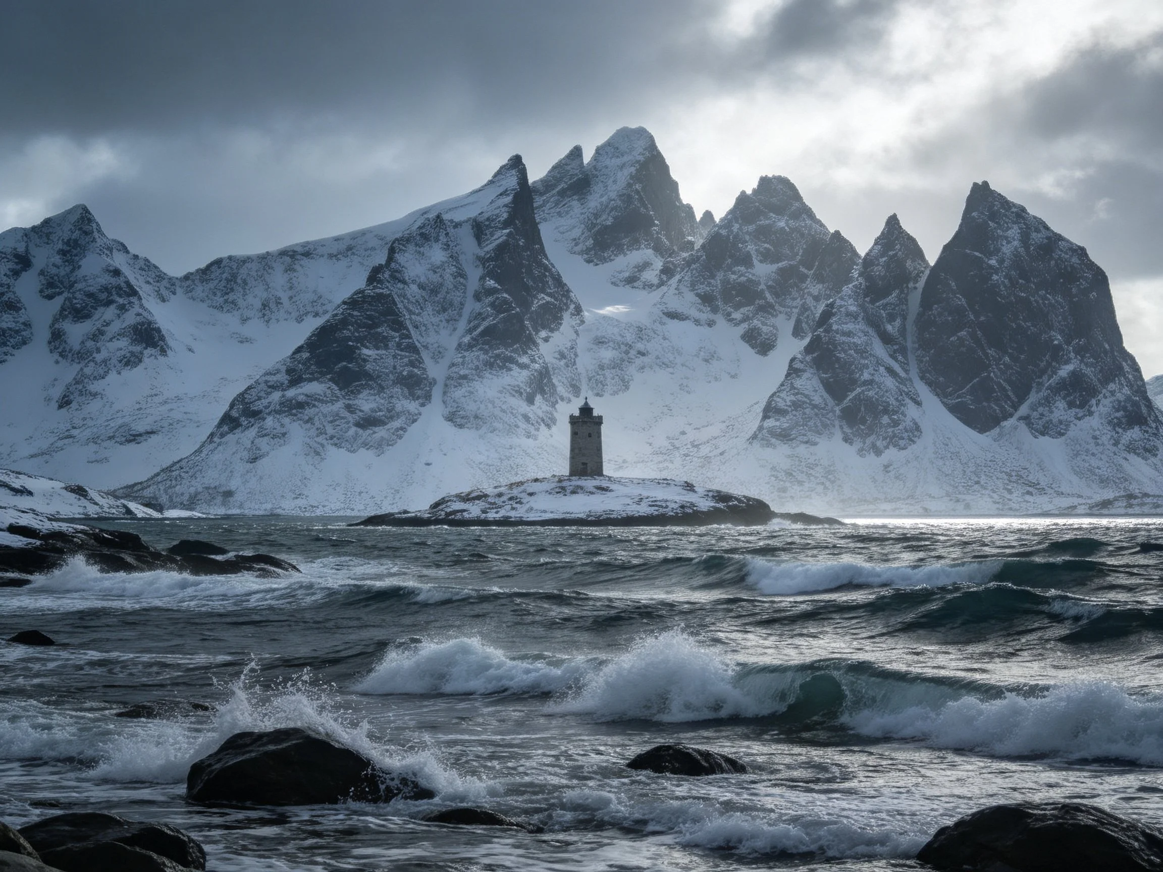 Snow-capped mountain peaks overlook a rocky coastal lighthouse
