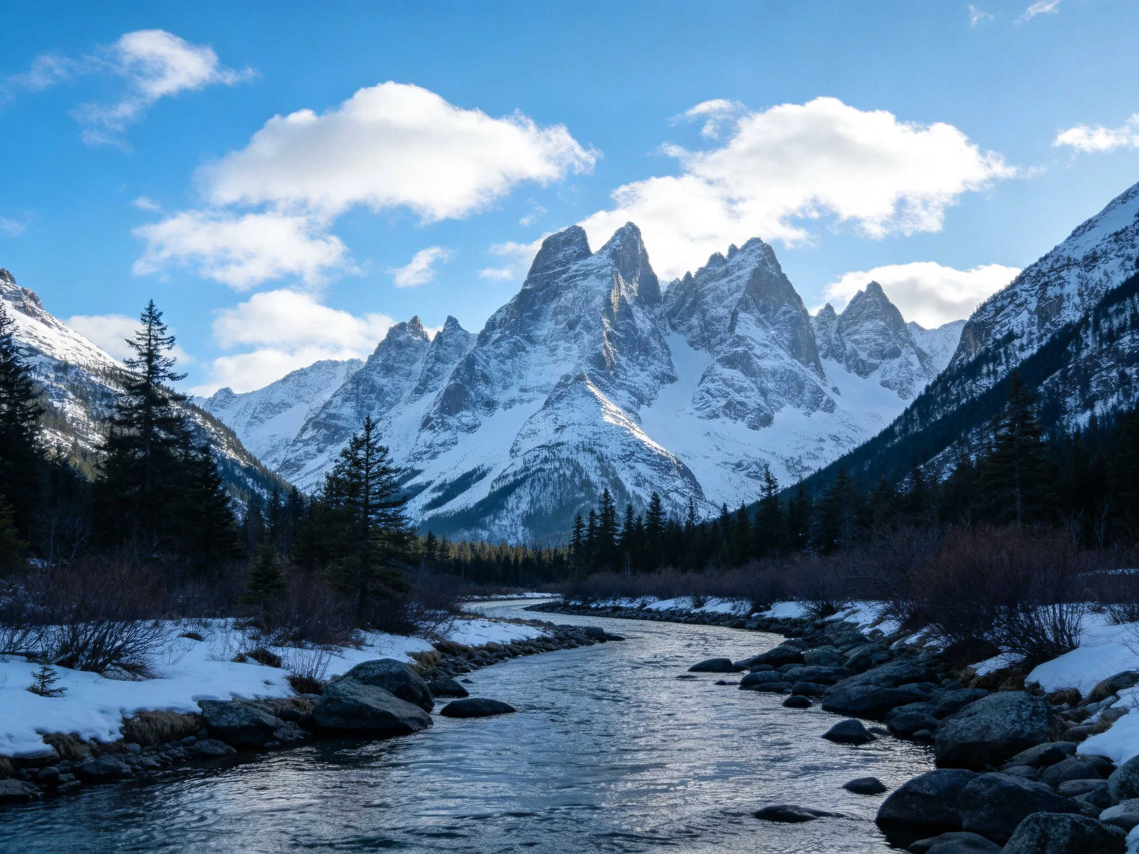 Snow-capped mountain peaks overlook a rocky river with forested banks