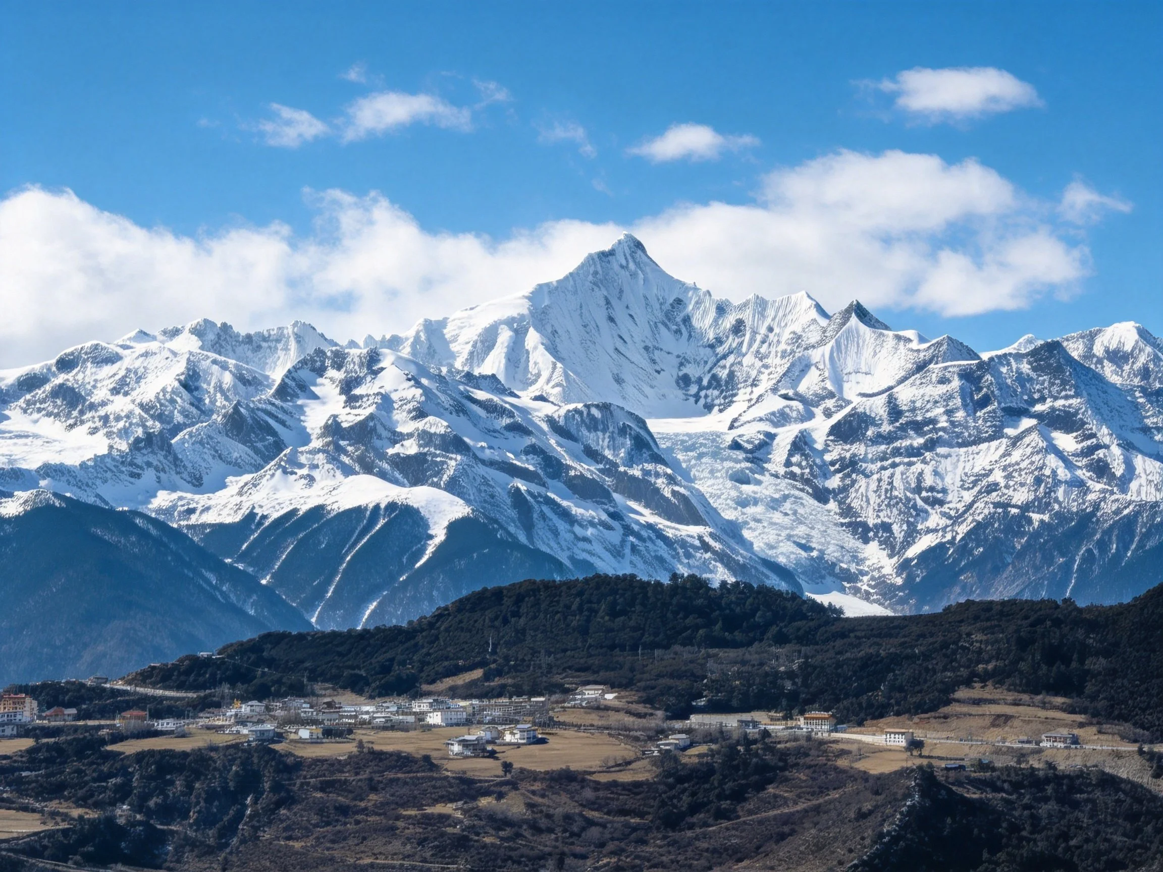 Snow - capped mountain peaks overlook a rural village under clear blue skies