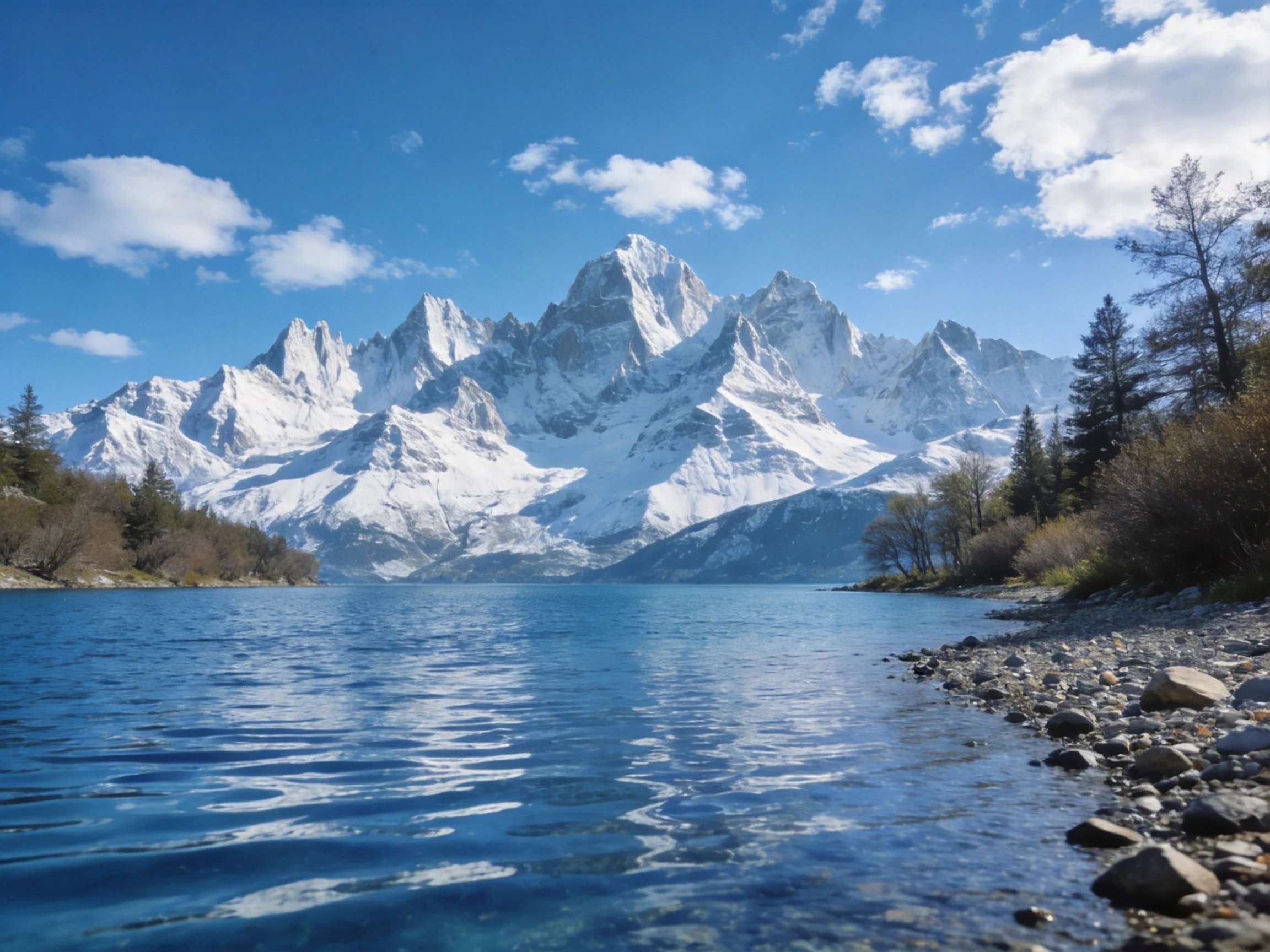 Snow - capped mountain peaks overlook a serene blue lake with rocky shores