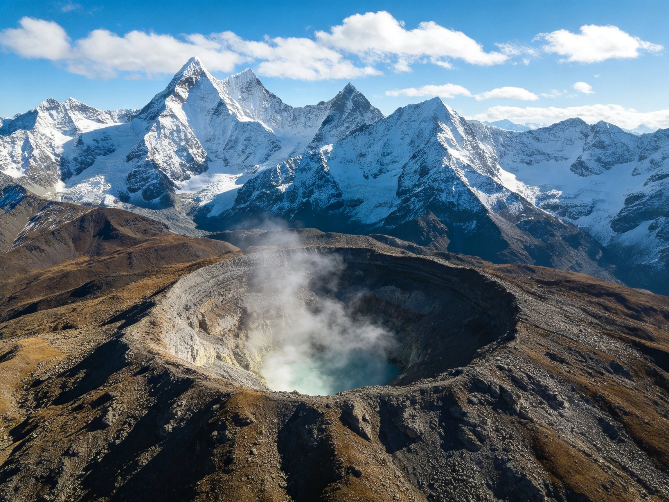 Snow-capped mountain peaks overlook a steaming volcanic crater lake