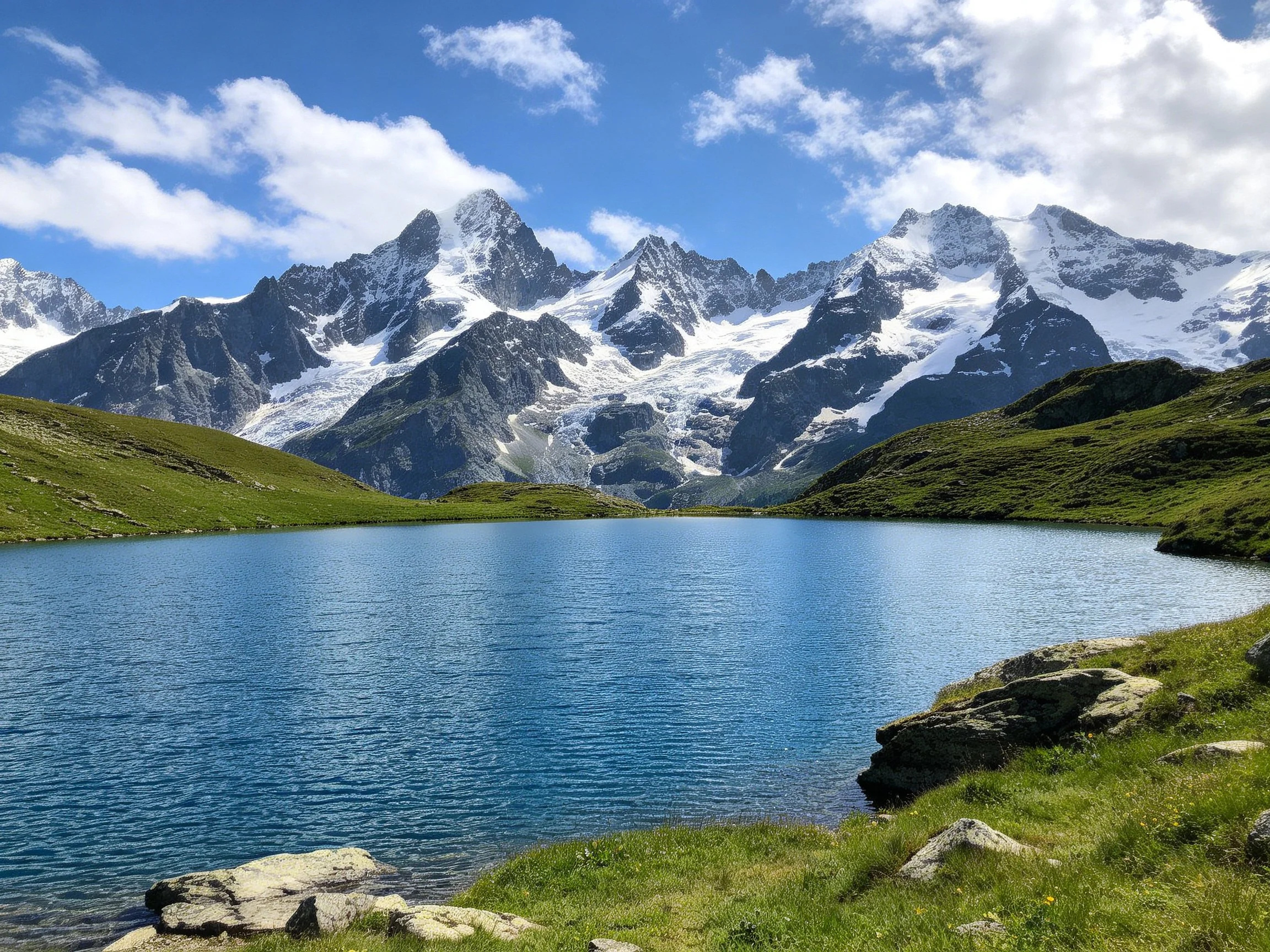 Snow - capped mountain peaks overlook a tranquil alpine lake with green slopes