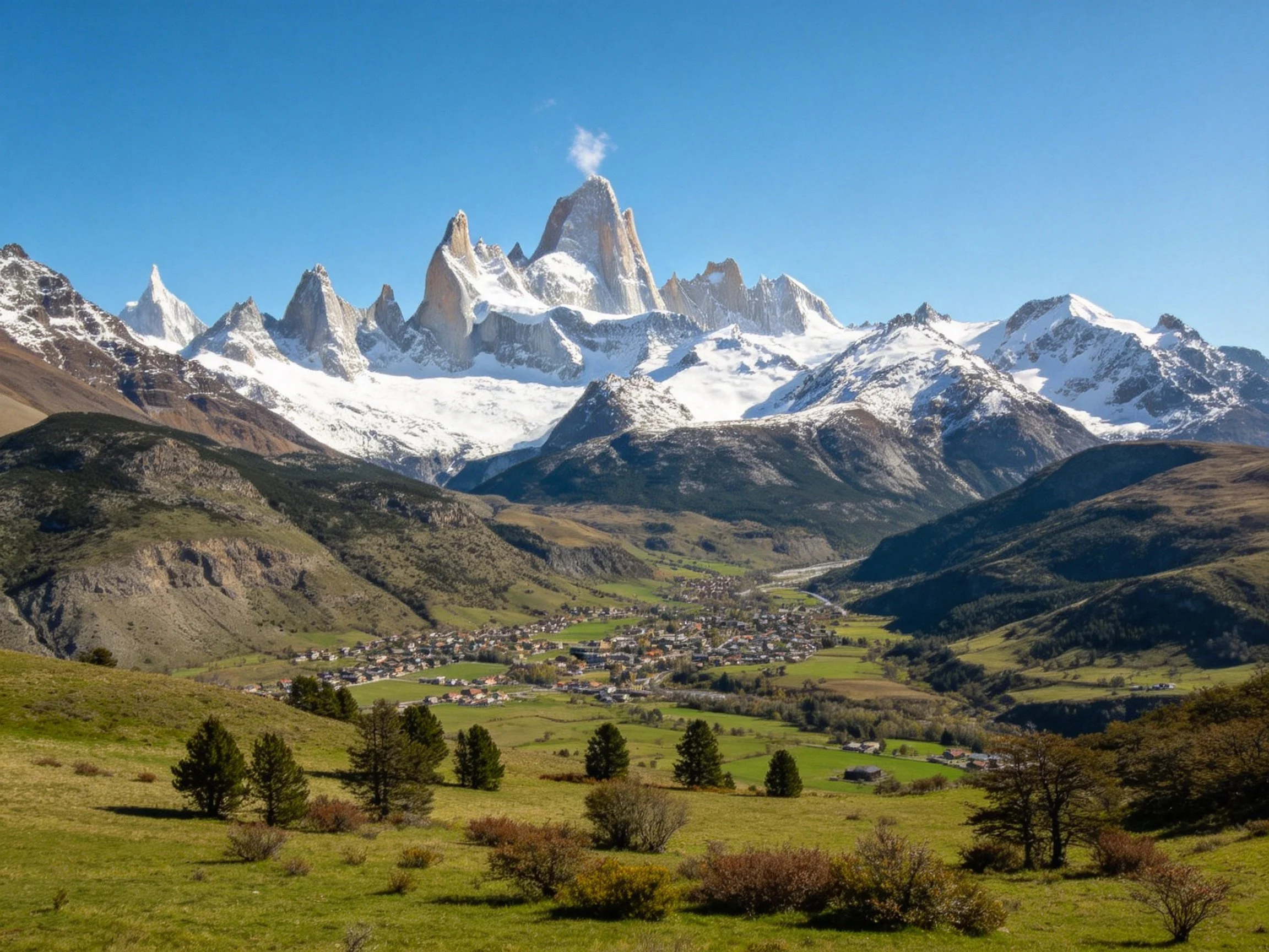 Snow - capped mountain peaks overlook a verdant valley with scattered homes.
