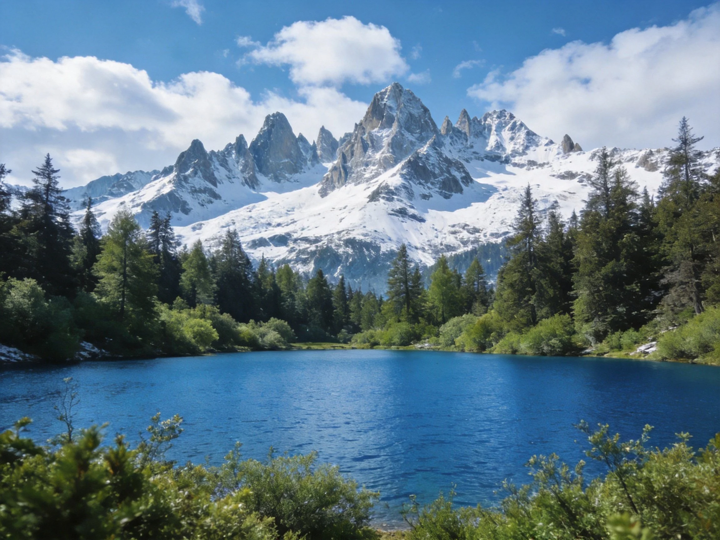 Snow-capped mountain peaks overlook a vibrant blue alpine lake with surrounding evergreen forests