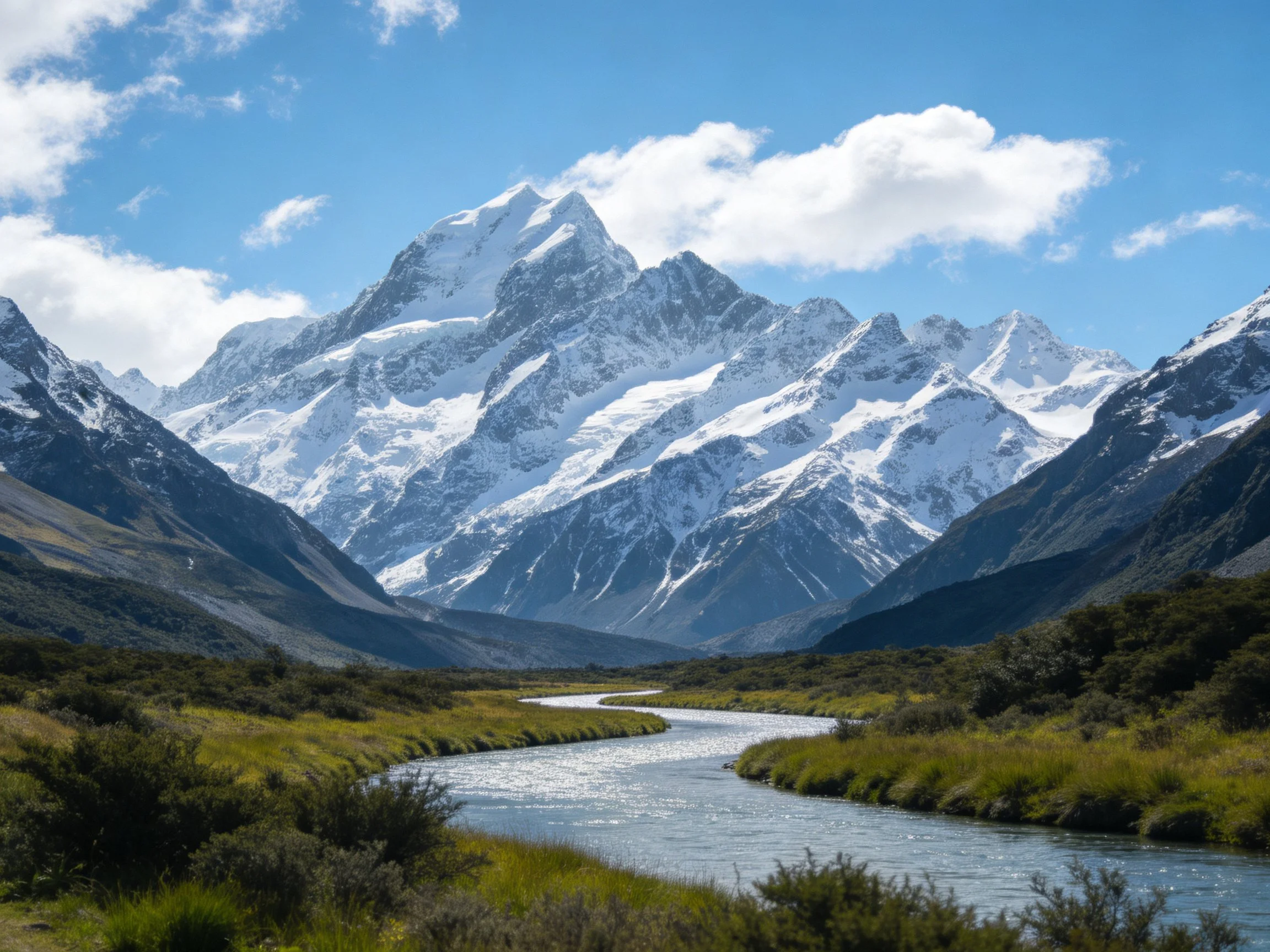 Snow - capped mountain peaks overlook a winding river through green valleys