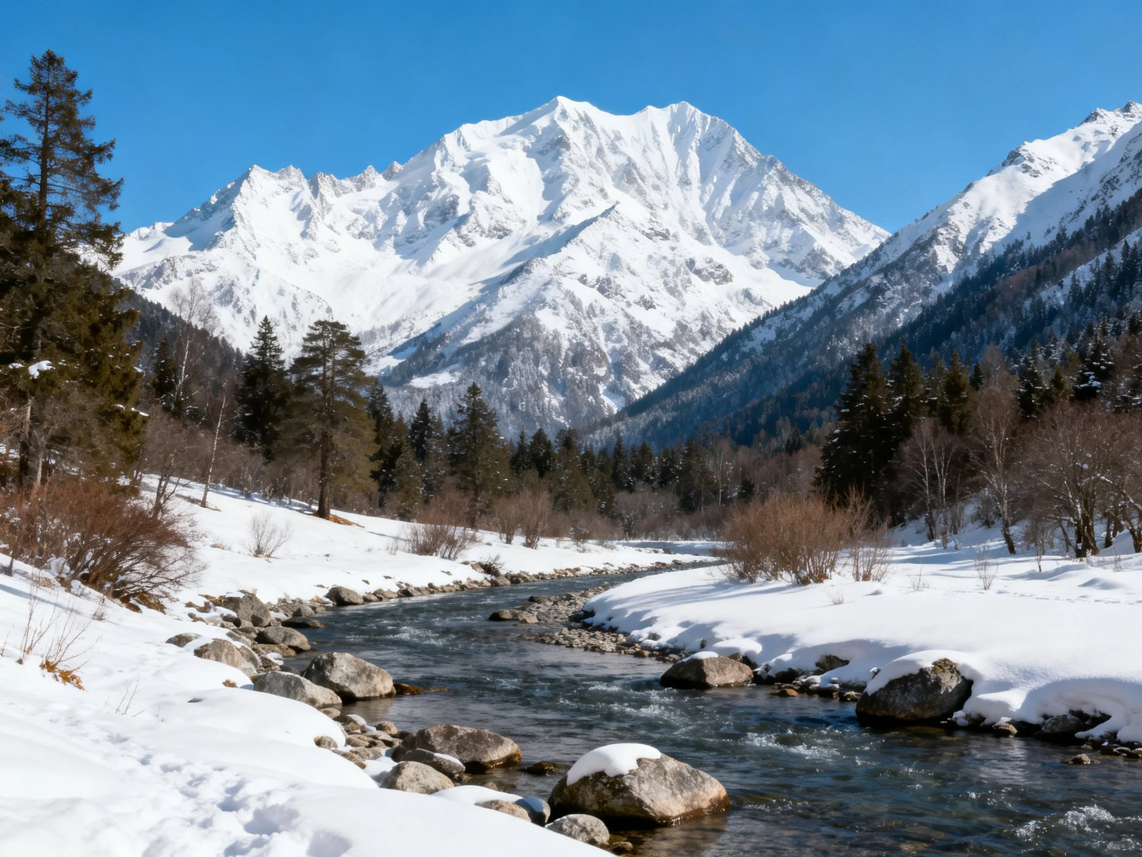 Snow-capped mountain peaks overlook a winding stream through a snowy valley