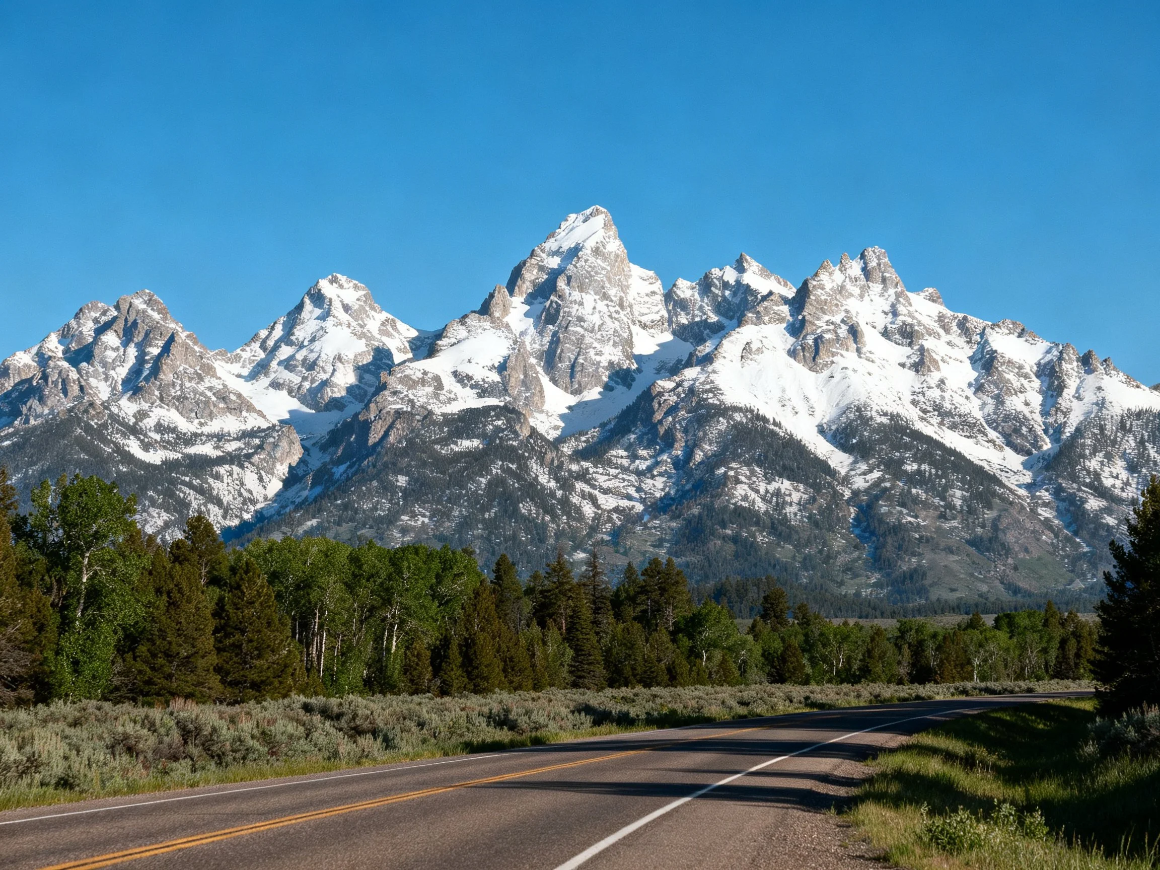 Snow - capped mountain peaks overlook forested area with paved road