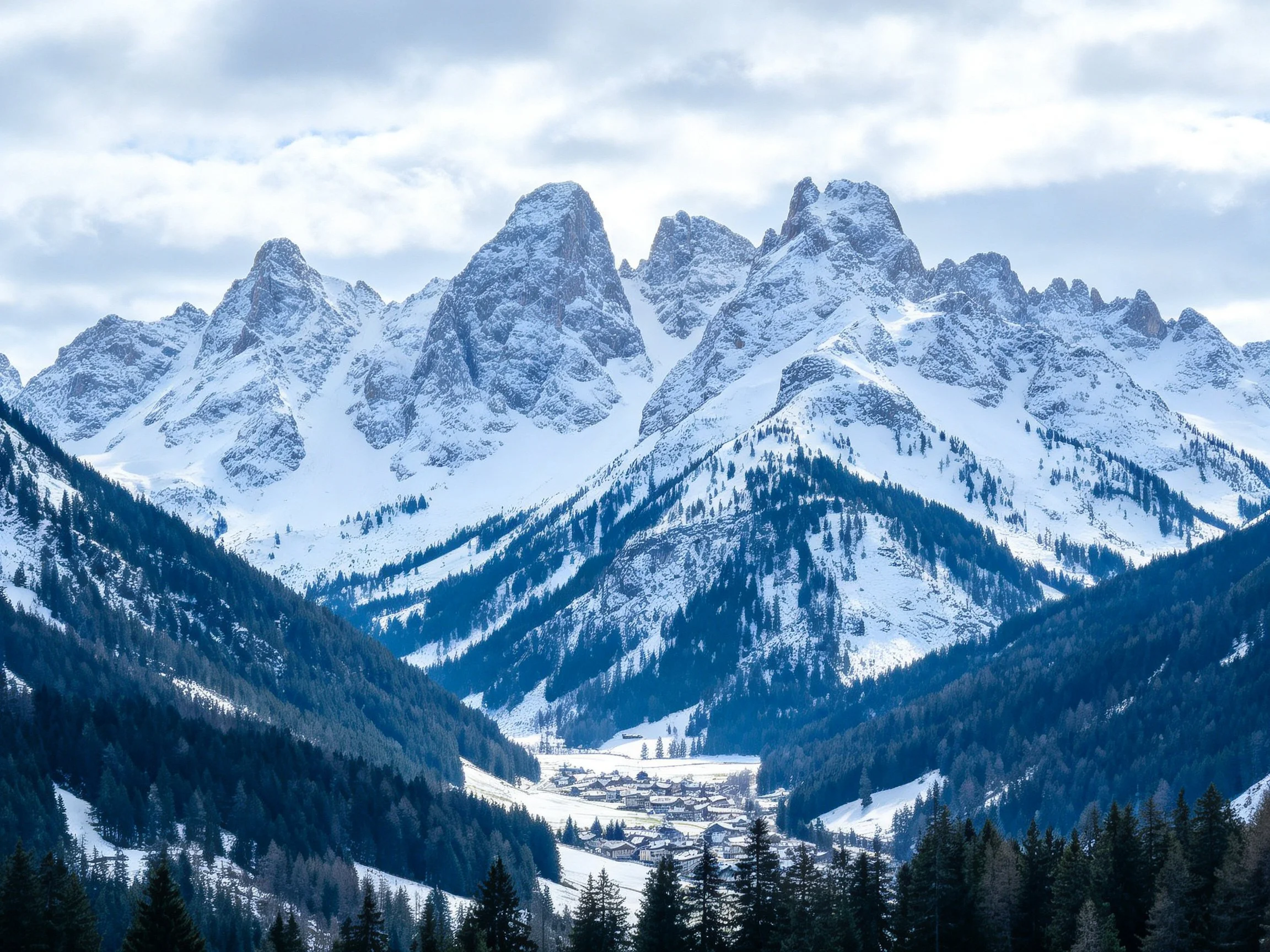 Snow - capped mountain peaks overlook forested valley with village