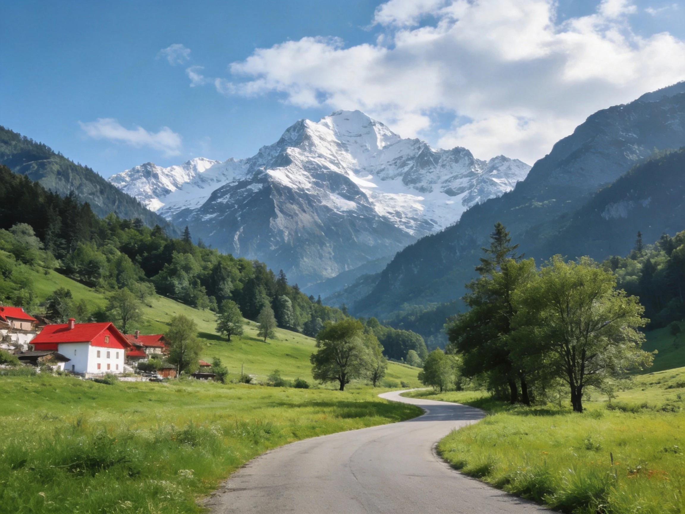 Snow-capped mountain peaks overlook lush green valley with red-roofed cottages