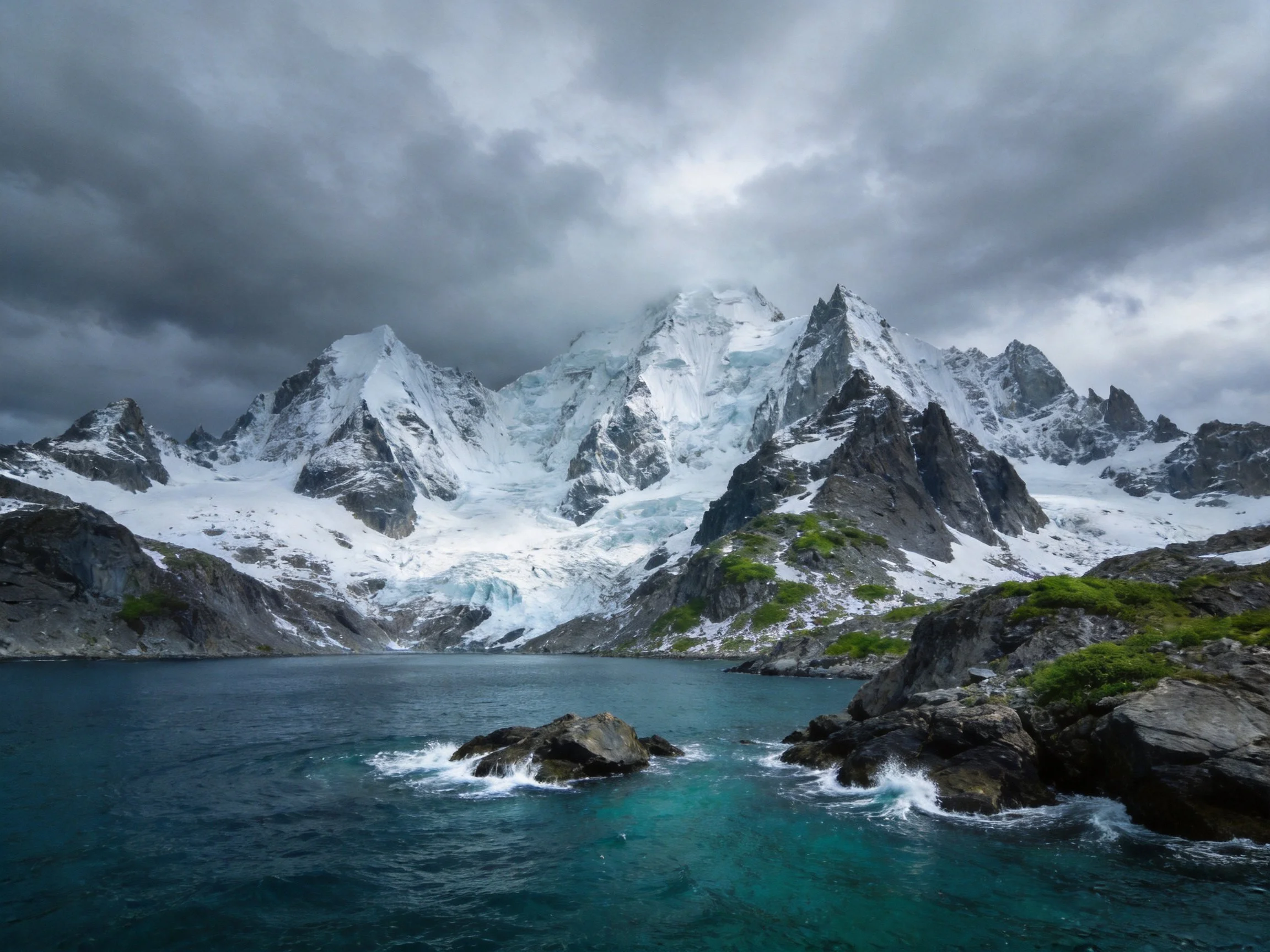 Snow - capped mountain peaks overlook turquoise waters under moody, cloudy skies