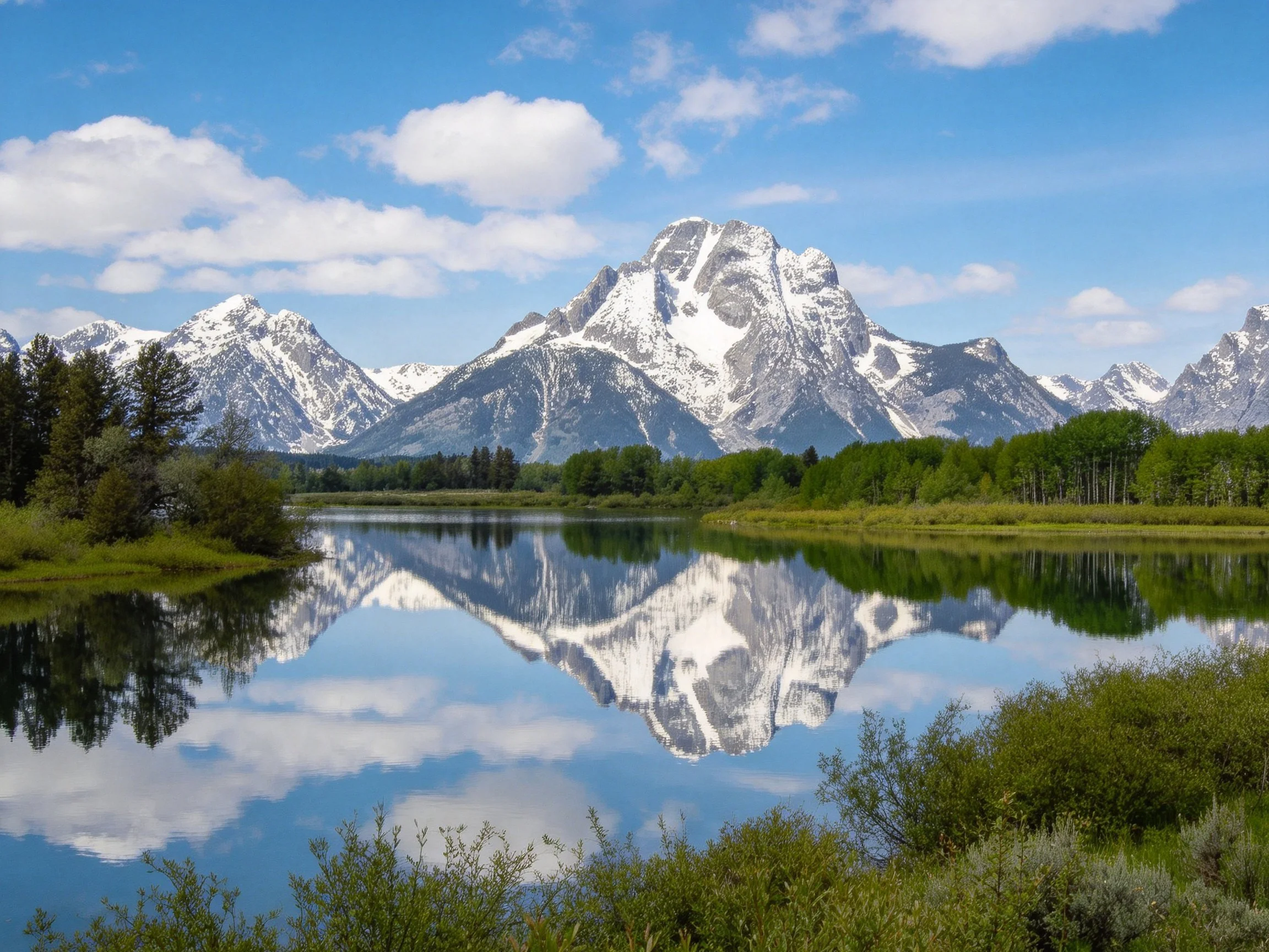 Snow - capped mountain peaks reflect in a calm blue lake with greenery