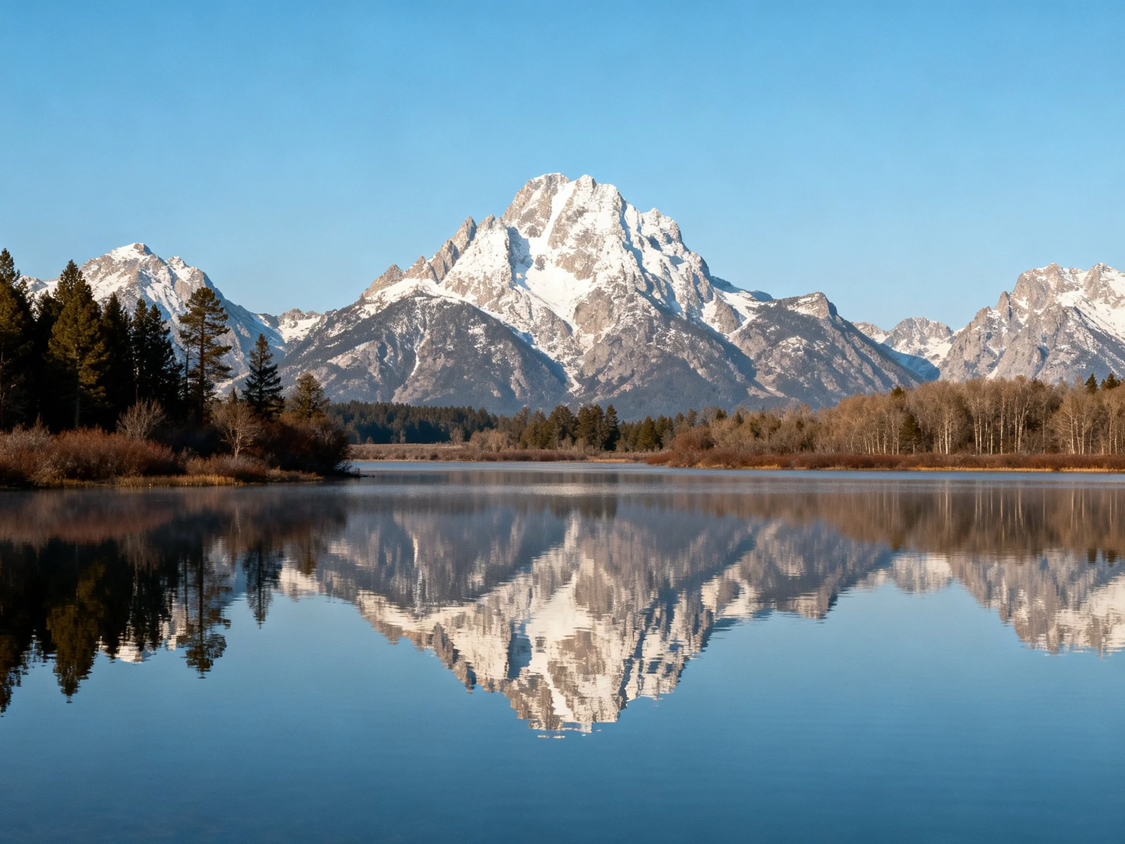 Snow-capped mountain peaks reflect in a calm lake