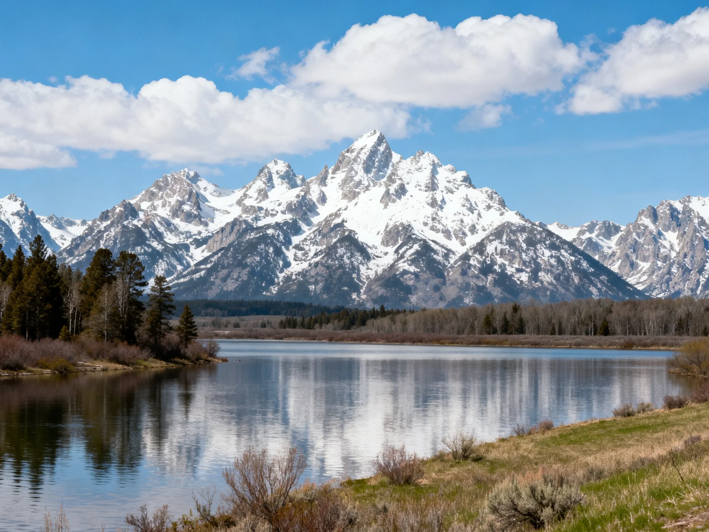 Snow-capped mountain peaks reflect in a calm lake with forested shore
