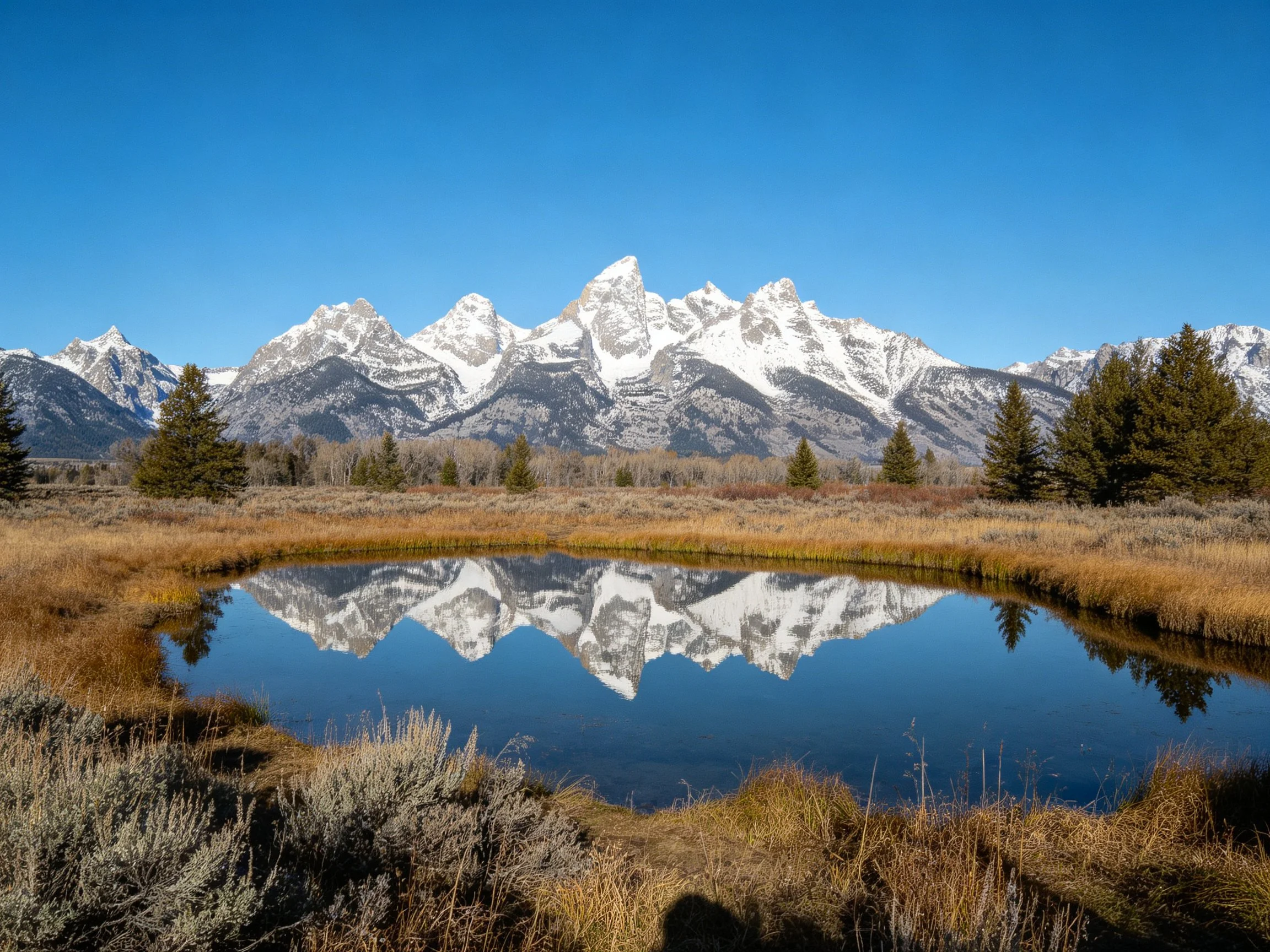 Snow-capped mountain peaks reflect in a calm pond amid golden grasslands