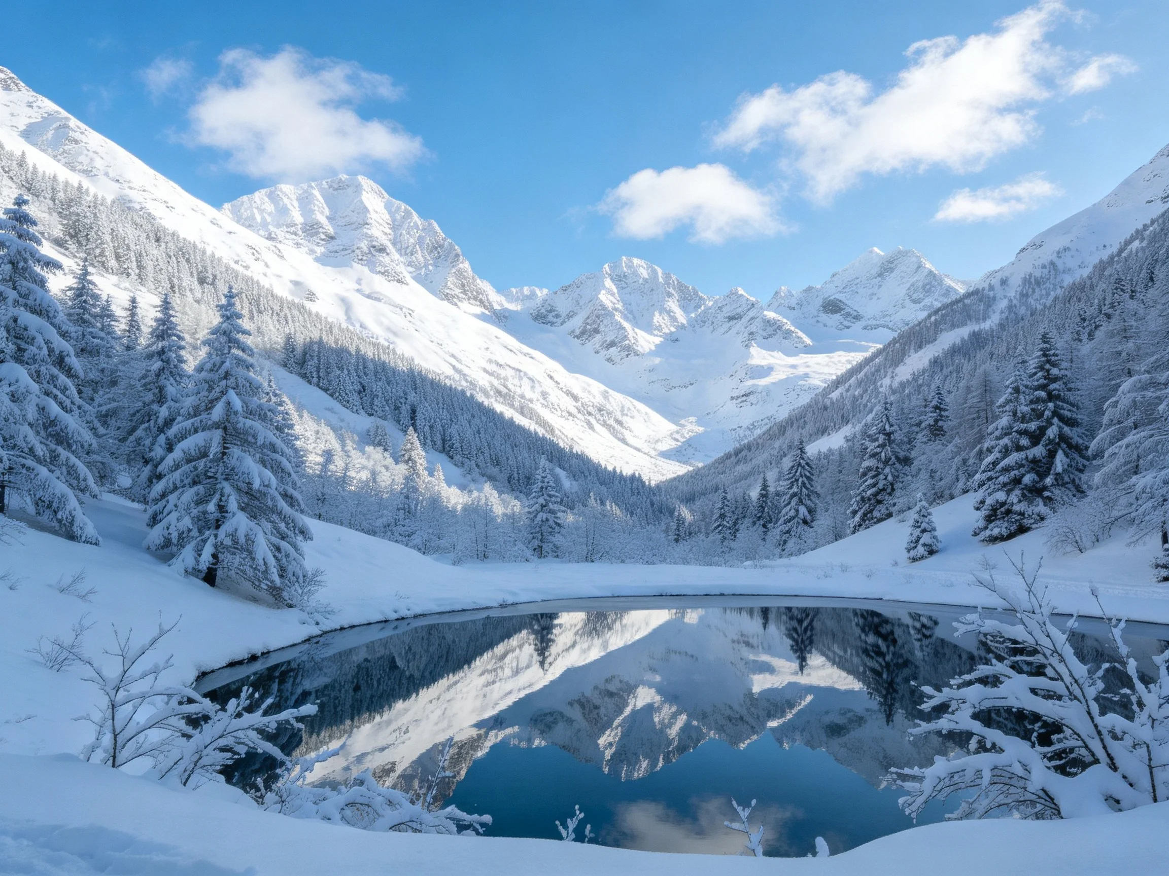 Snow - capped mountain peaks reflect in a frozen valley lake