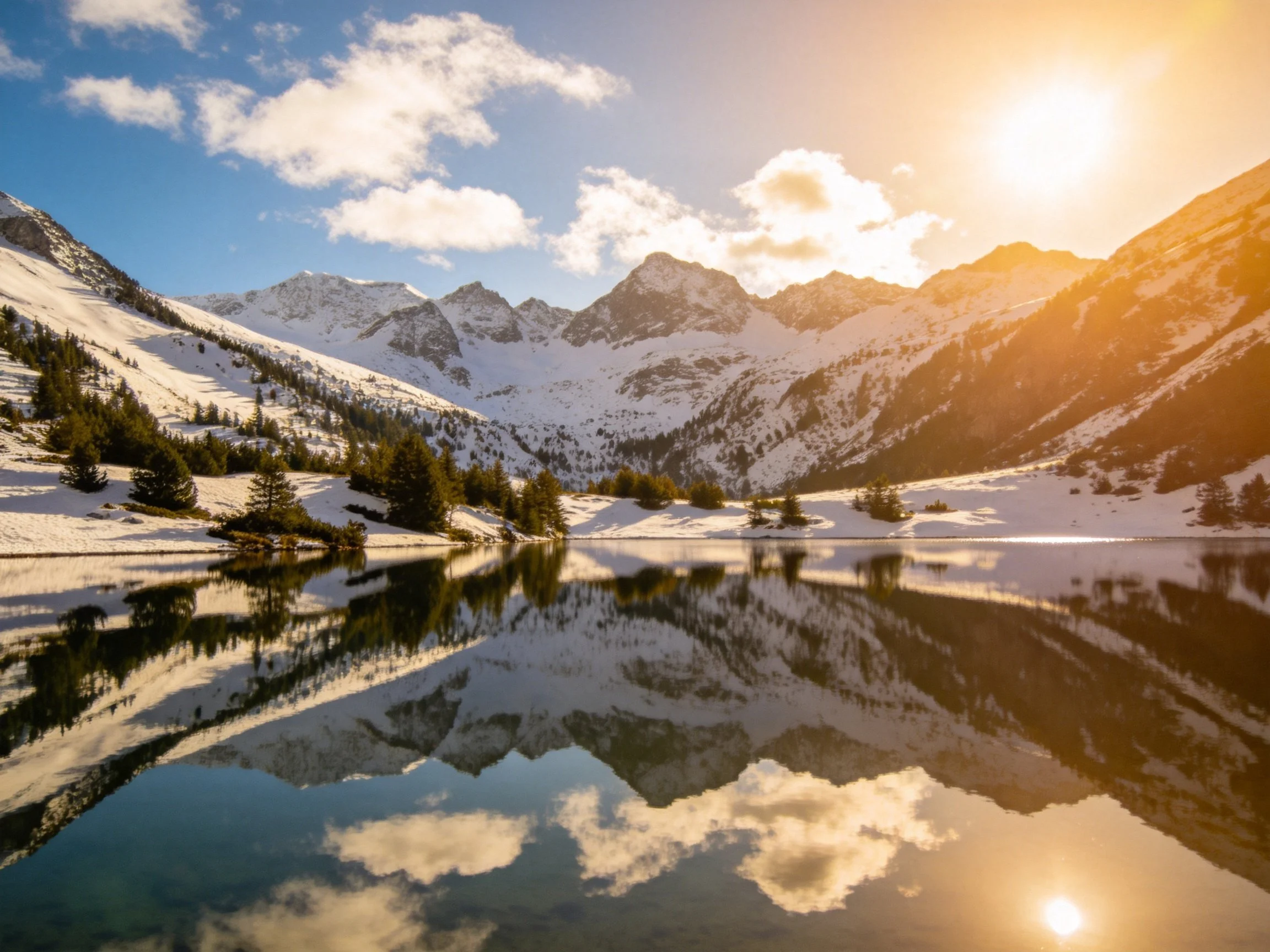 Snow - capped mountain peaks reflect in a lake amid golden sunlight