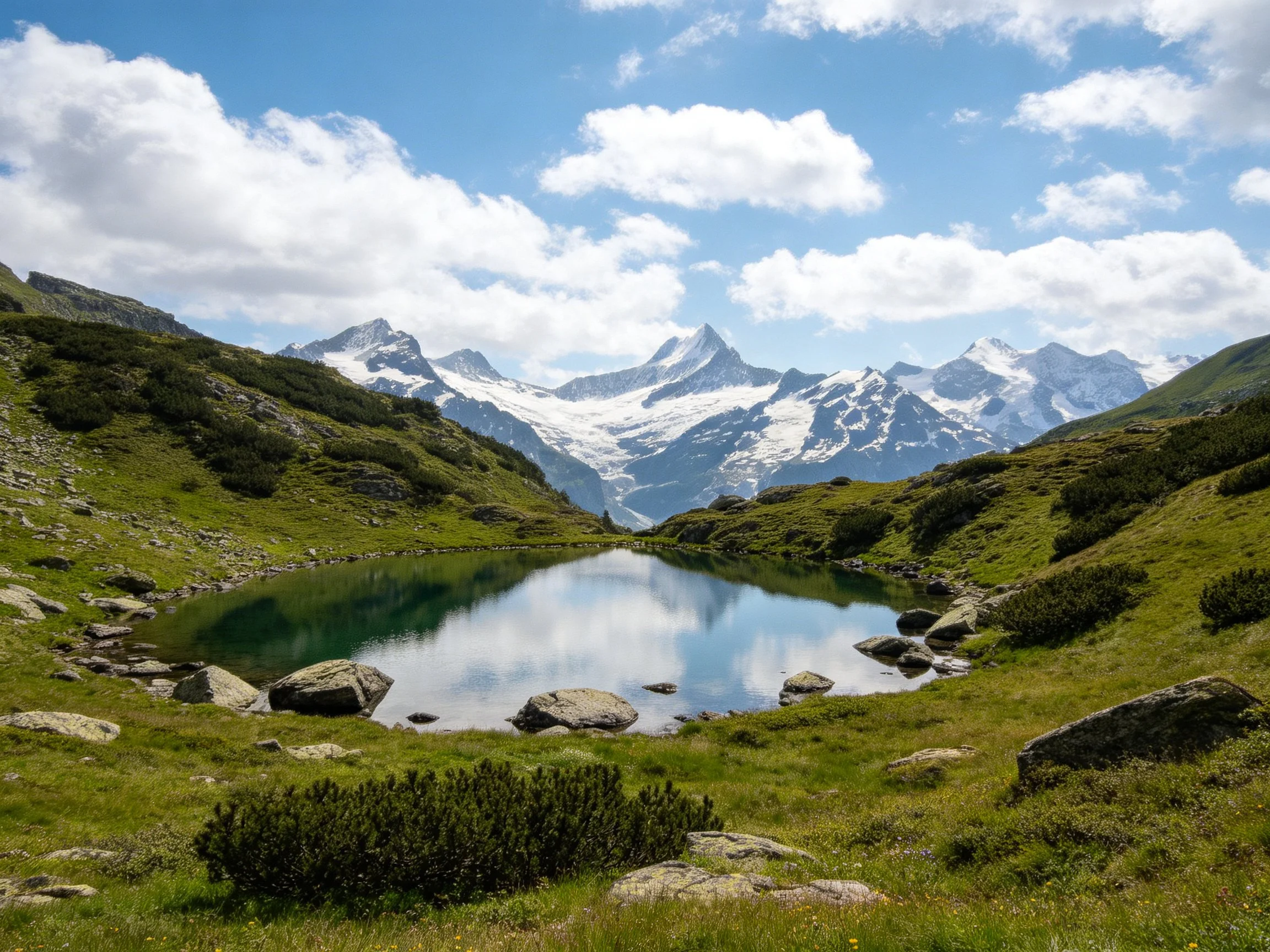 Snow-capped mountain peaks reflect in a tranquil alpine lake