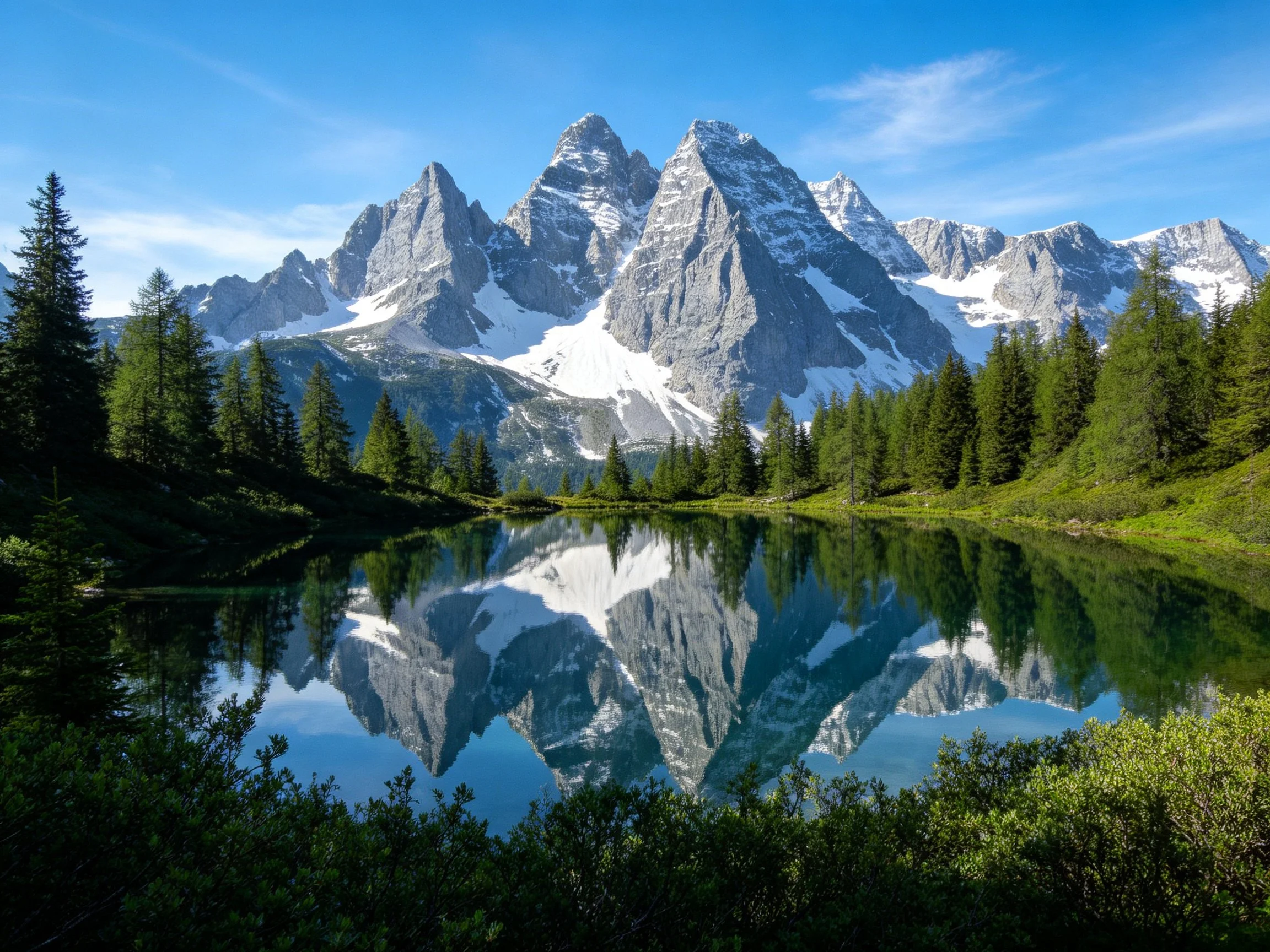 Snow-capped mountain peaks reflect in a tranquil alpine lake with pine forests.
