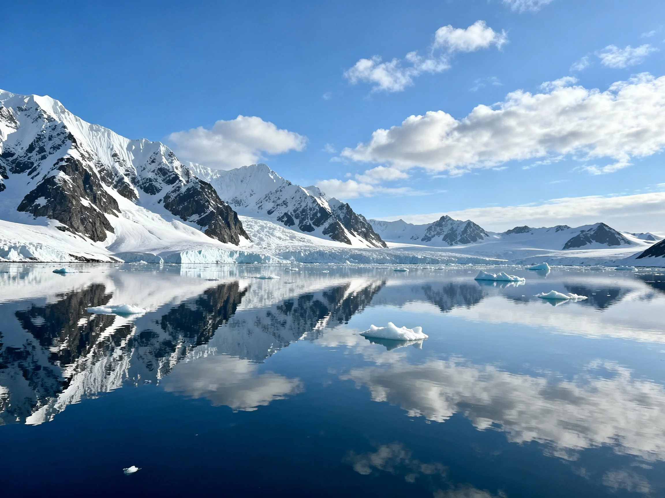 Snow - capped mountain peaks reflect in tranquil icy waters