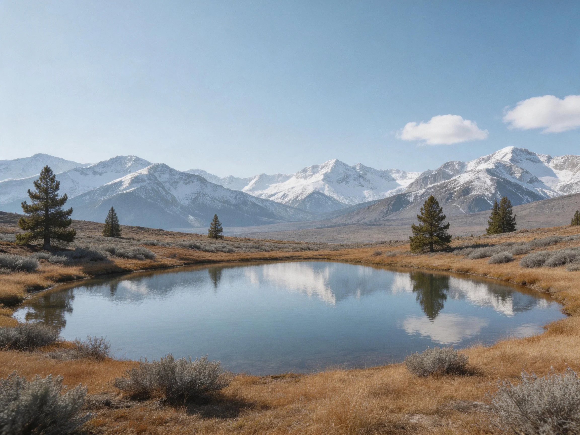 Snow-capped mountain peaks reflected in a calm alpine pond with scattered trees