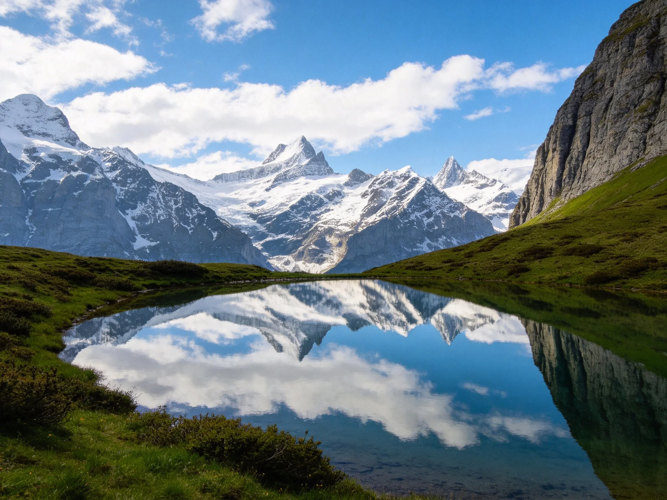 Snow-capped mountain peaks reflected in a clear alpine lake with lush green slopes