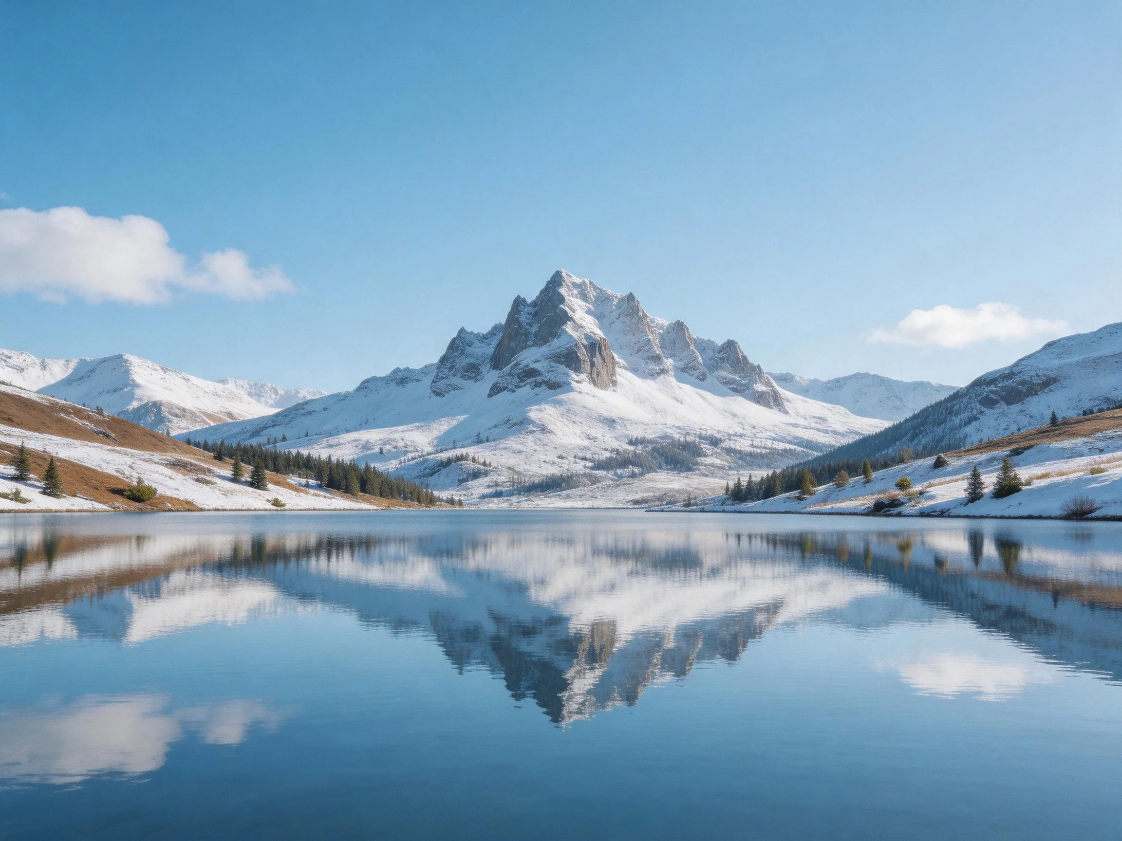 Snow - capped mountain peaks reflected in a serene blue lake