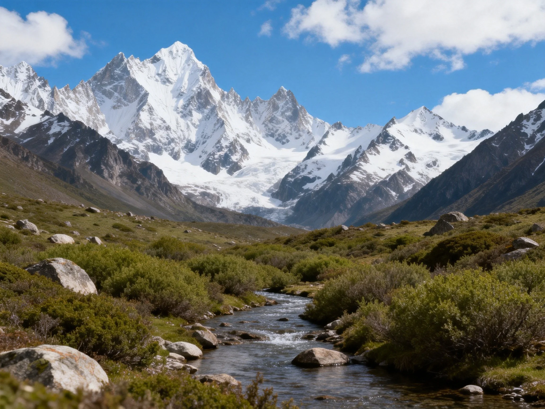 Snow-capped mountain peaks rise above a lush valley with a winding stream