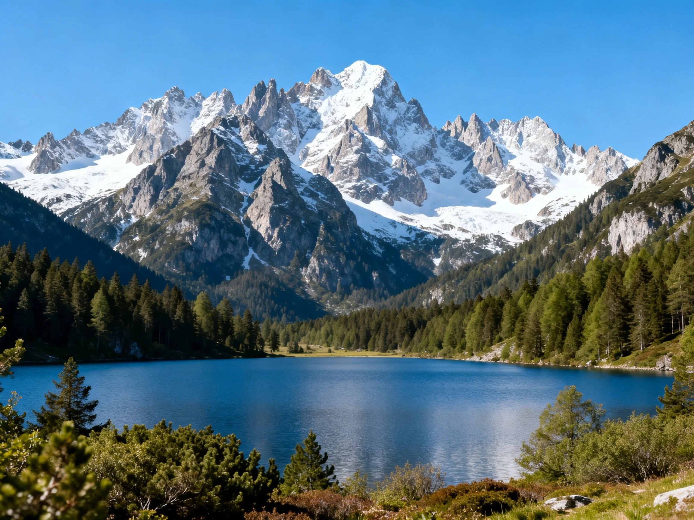 Snow-capped mountain peaks rise above a vibrant blue alpine lake framed by dense evergreen forests.