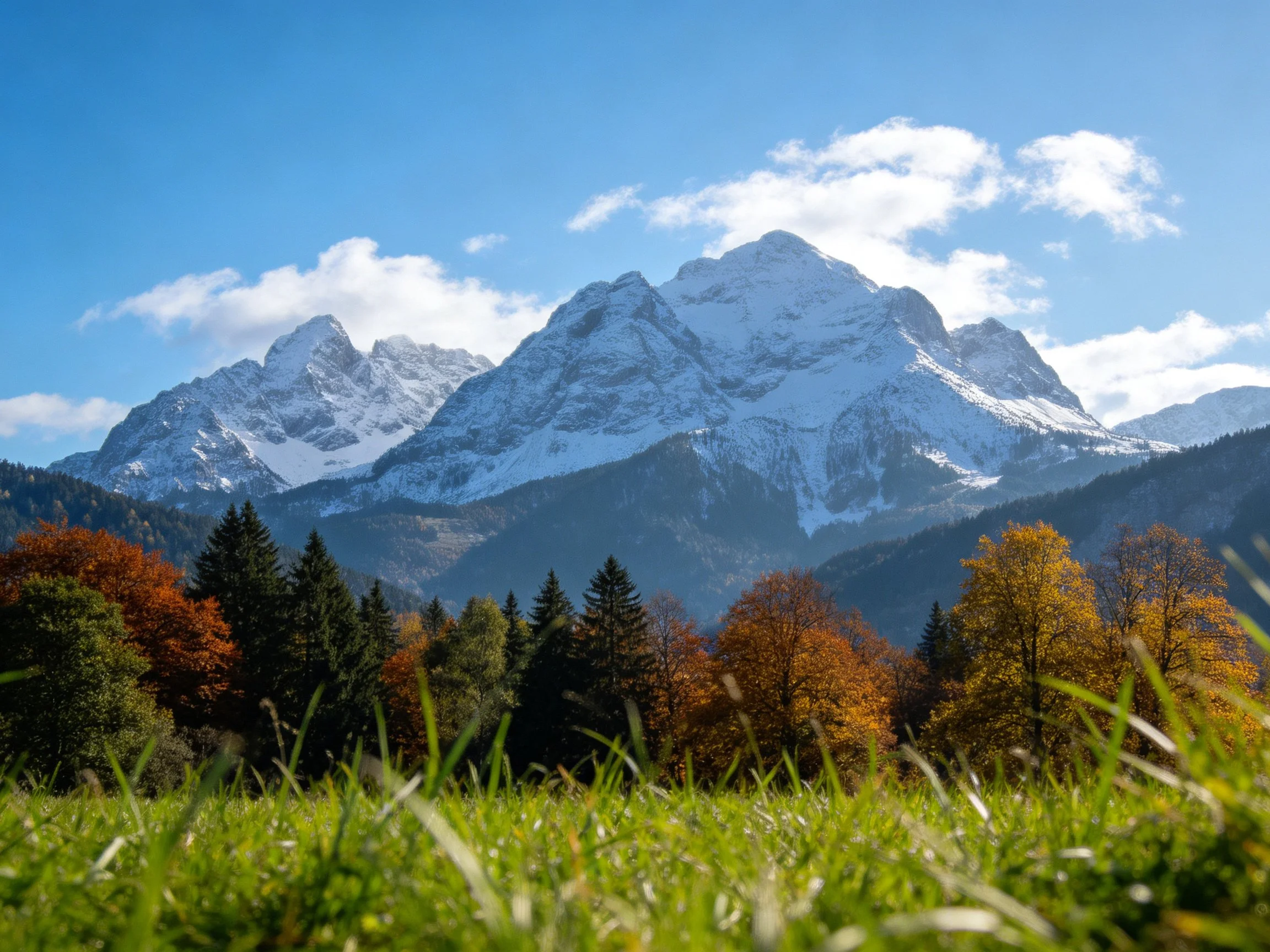 Snow-capped mountain peaks rise above autumn trees and green meadow
