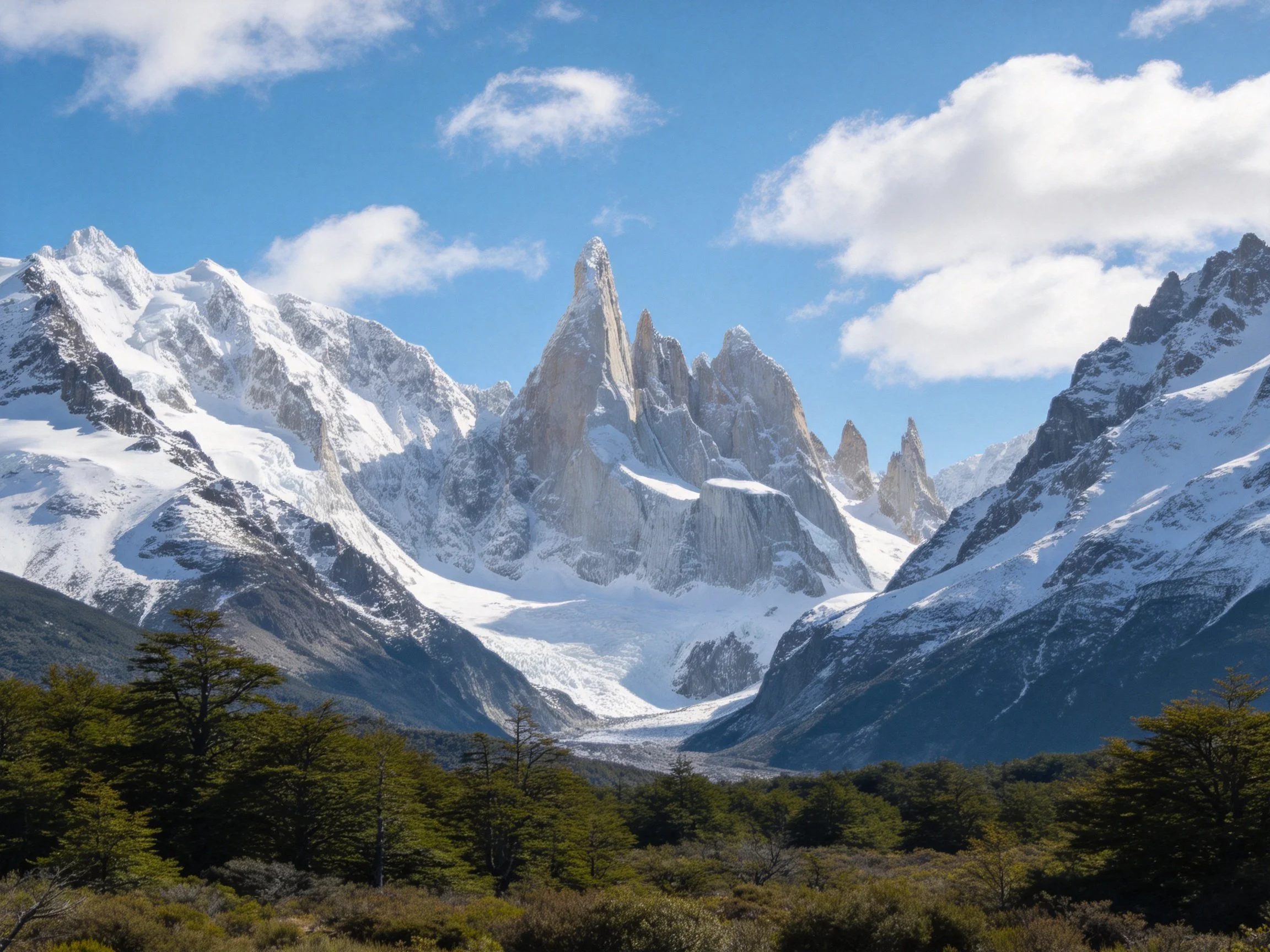 Snow - capped mountain peaks rise above lush forest under bright blue sky