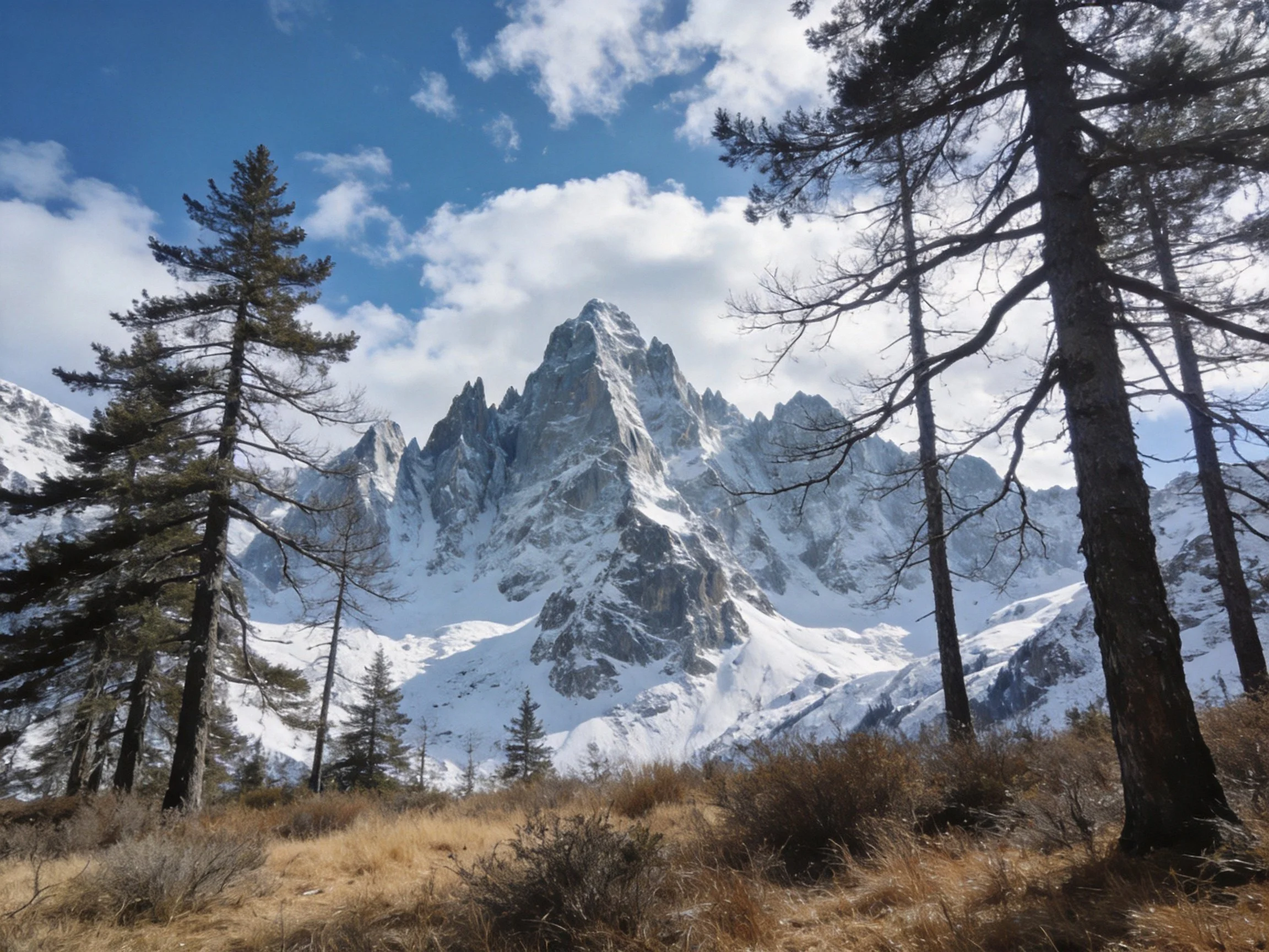 Snow-capped mountain peaks rise behind evergreen trees under bright blue sky