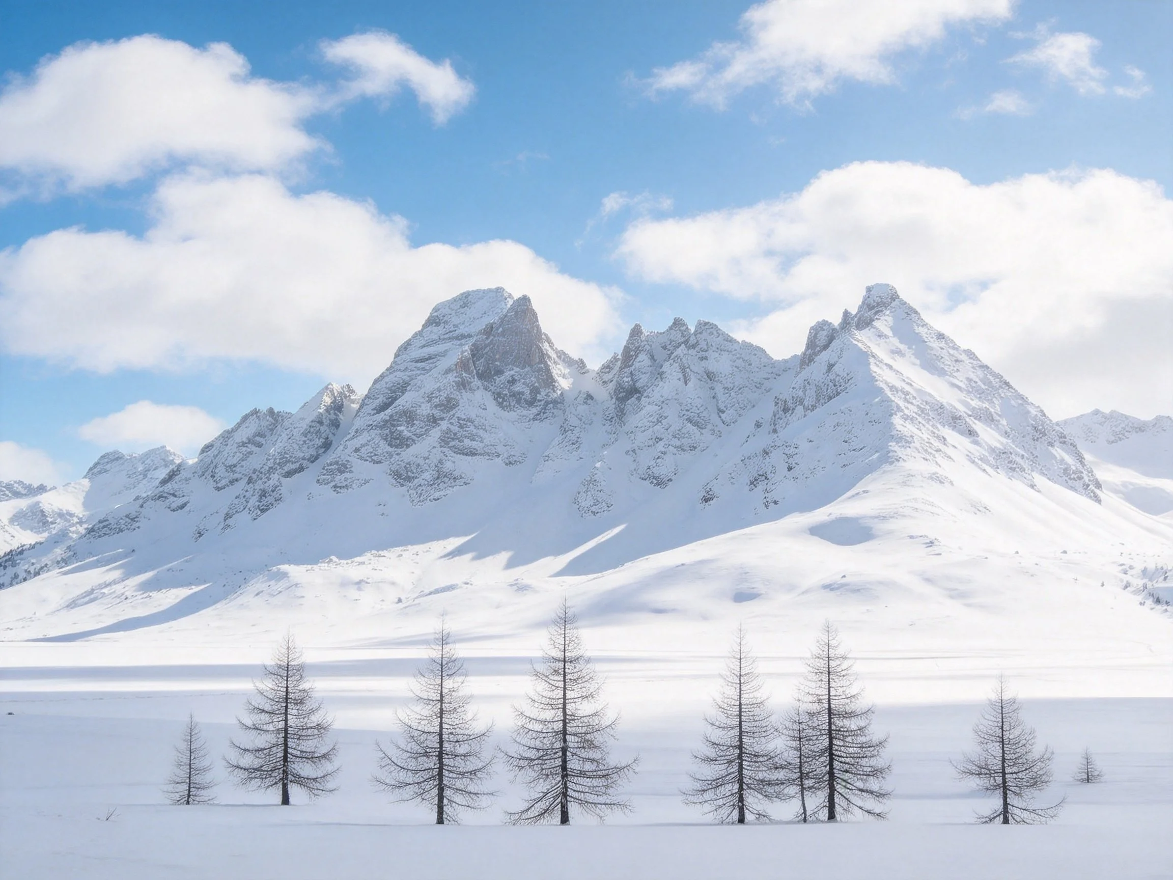 Snow - capped mountain peaks rise behind leafless evergreen trees amid bright blue sky with scattered