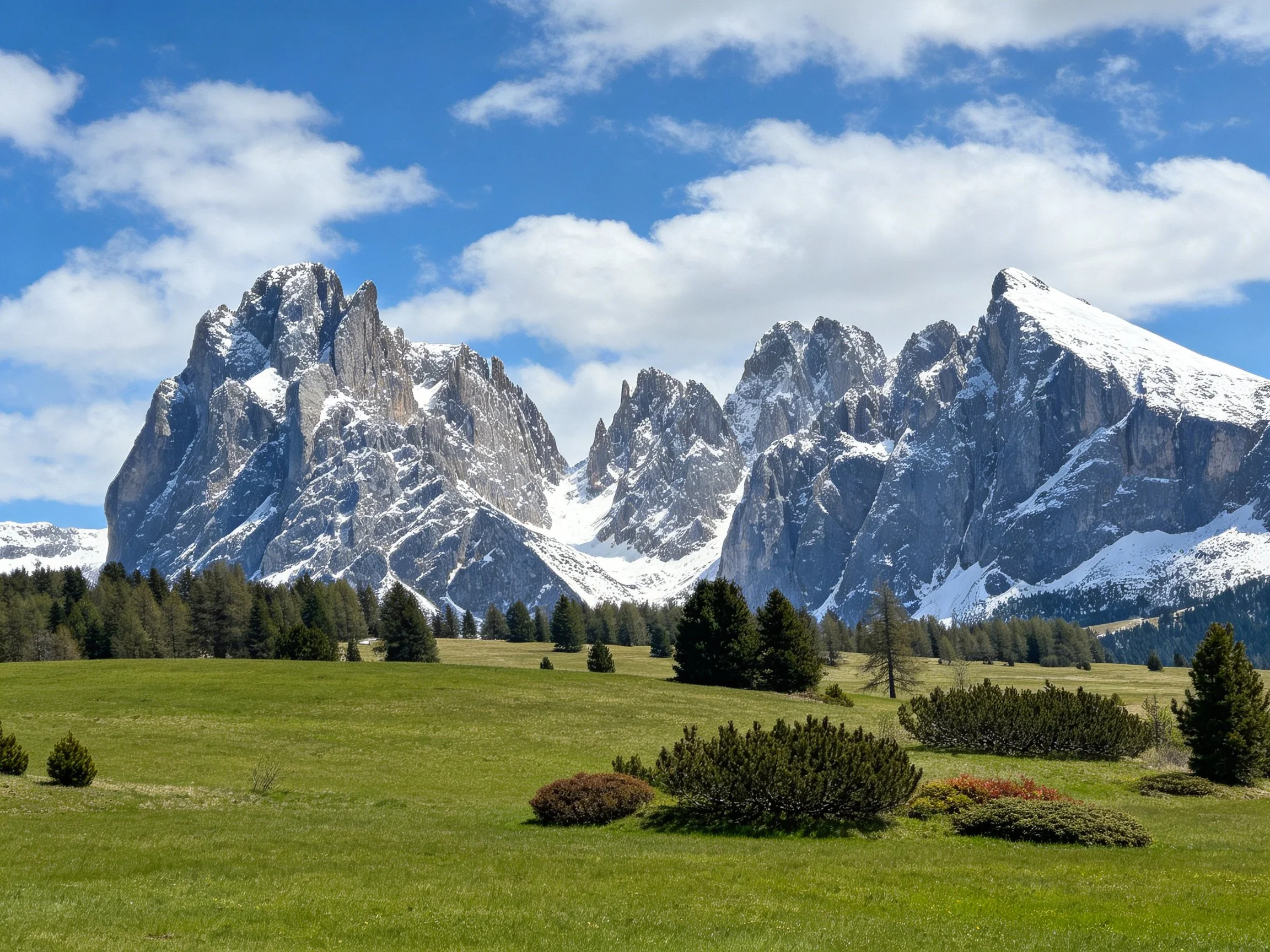 Snow - capped mountain peaks rise over lush green meadows and scattered trees