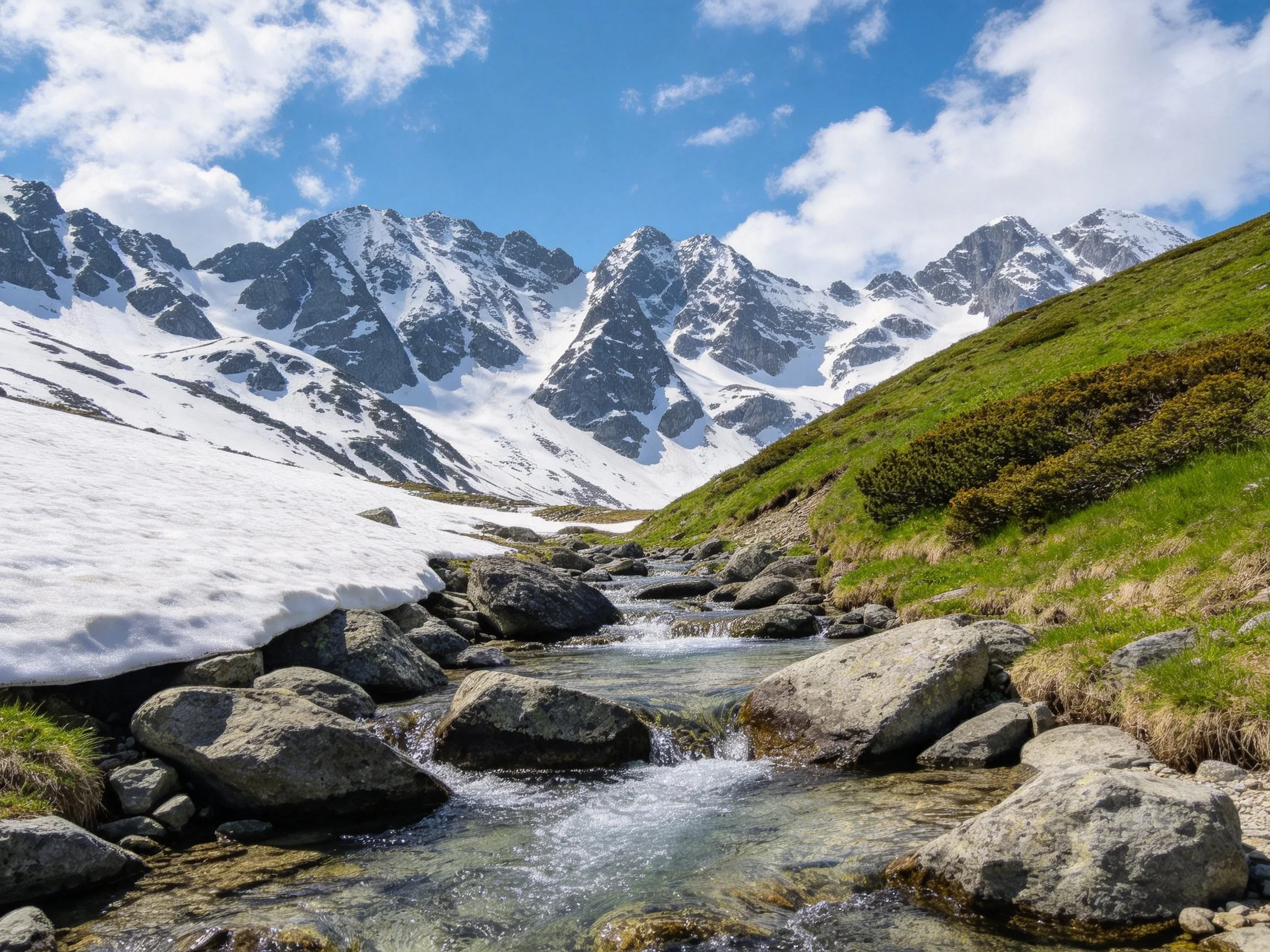 Snow-capped mountain peaks, rocky stream, and lush green terrain