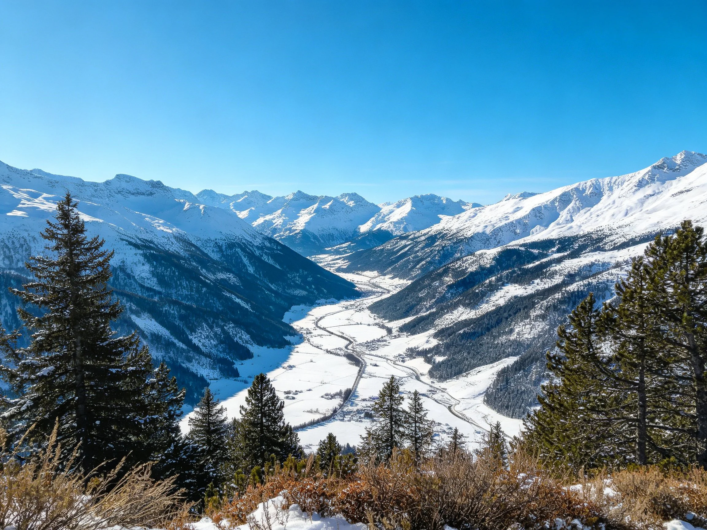 Snow-capped mountain peaks surround a frozen valley with pine forests