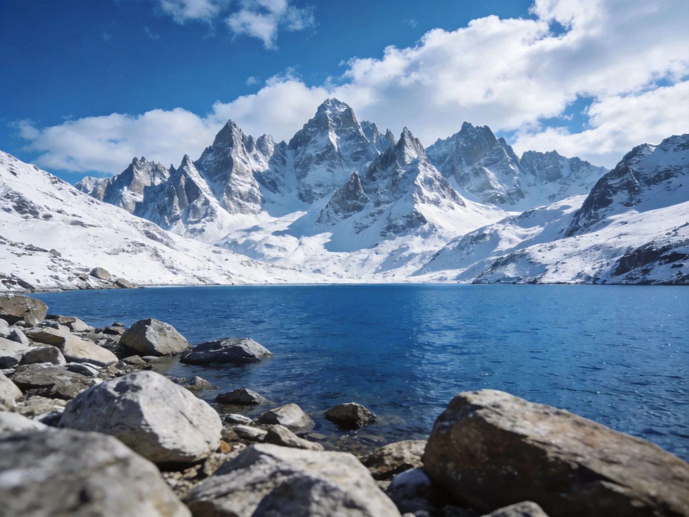 Snow-capped mountain peaks surround a vibrant blue glacial lake with rocky shores