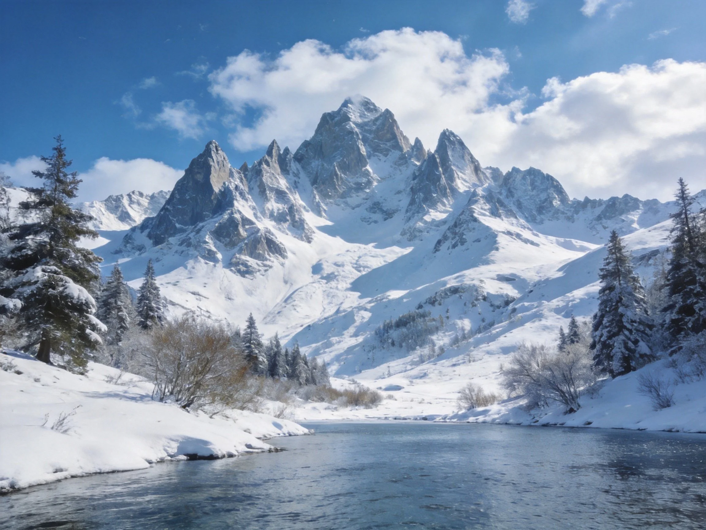 Snow-capped mountain peaks tower over a forested valley with a winding river.