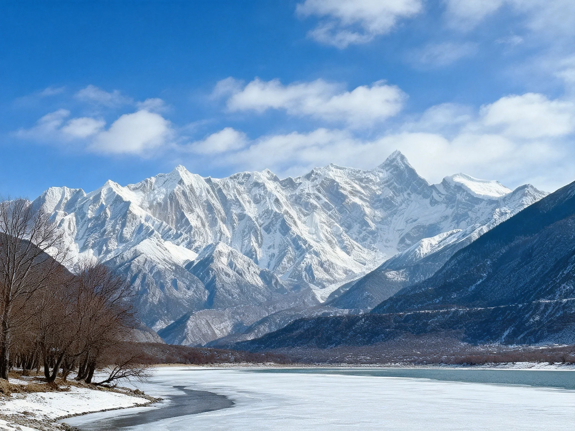 Snow - capped mountain peaks tower over a frozen river with leafless trees