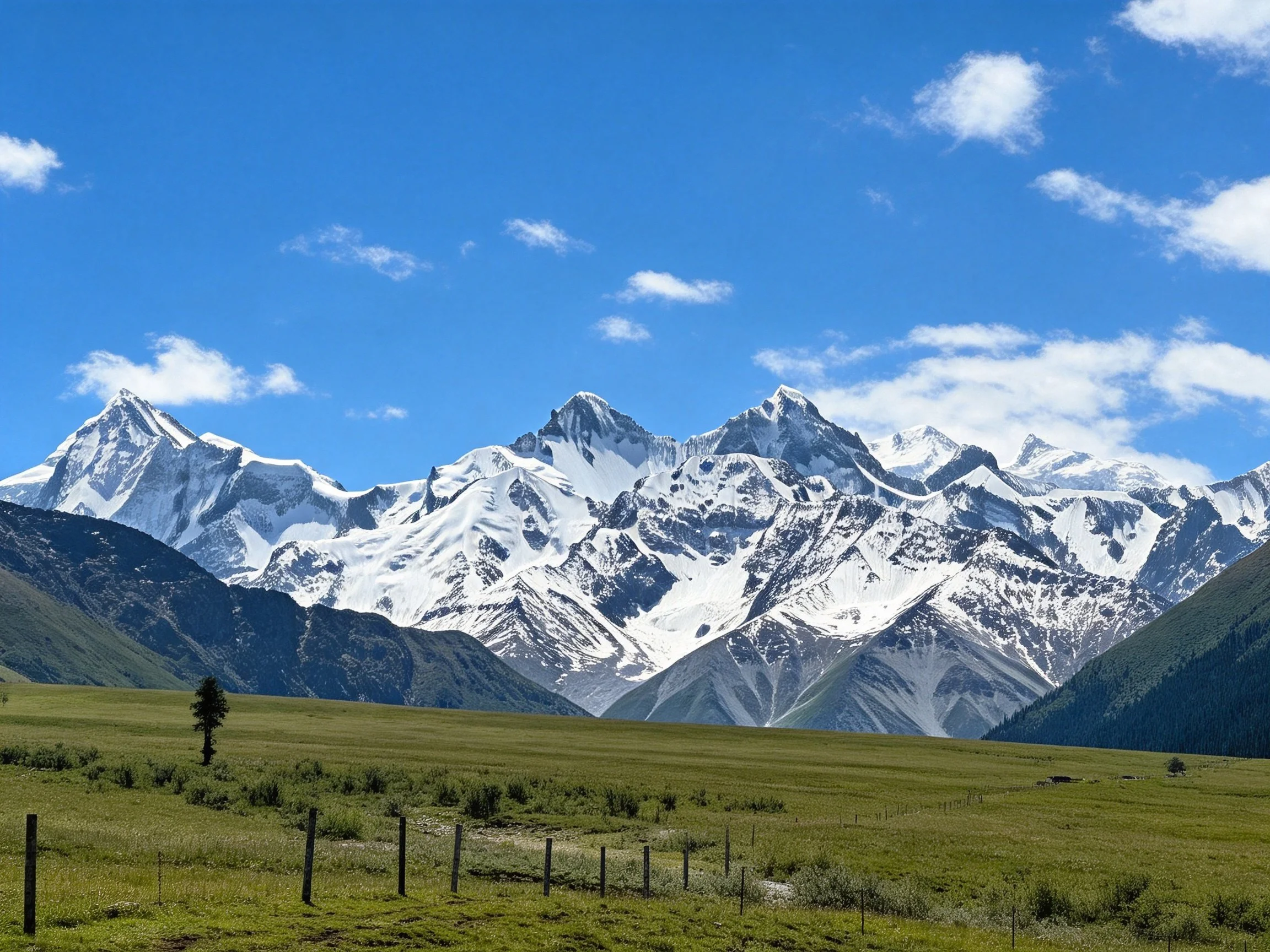 Snow - capped mountain peaks tower over a green meadow beneath a clear blue sky