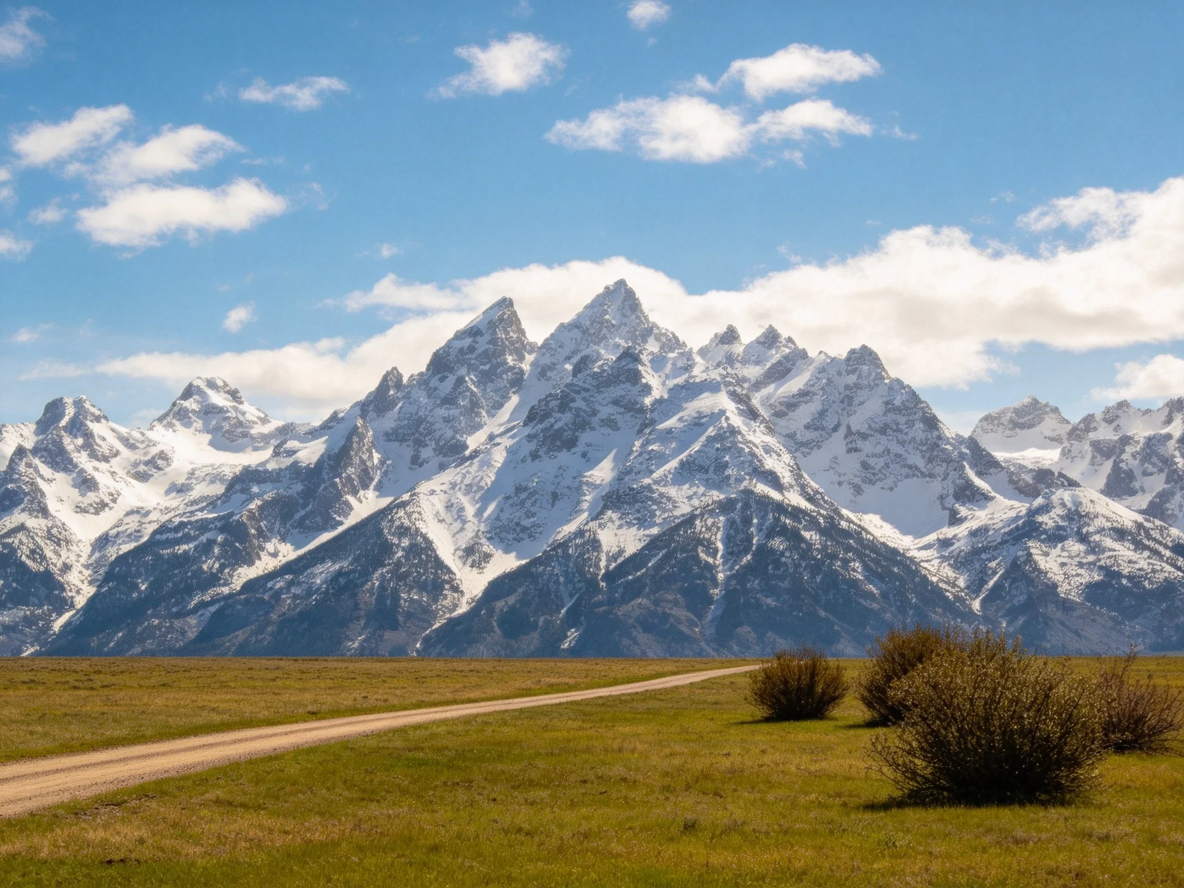 Snow-capped mountain peaks tower over a green meadow with a dirt path