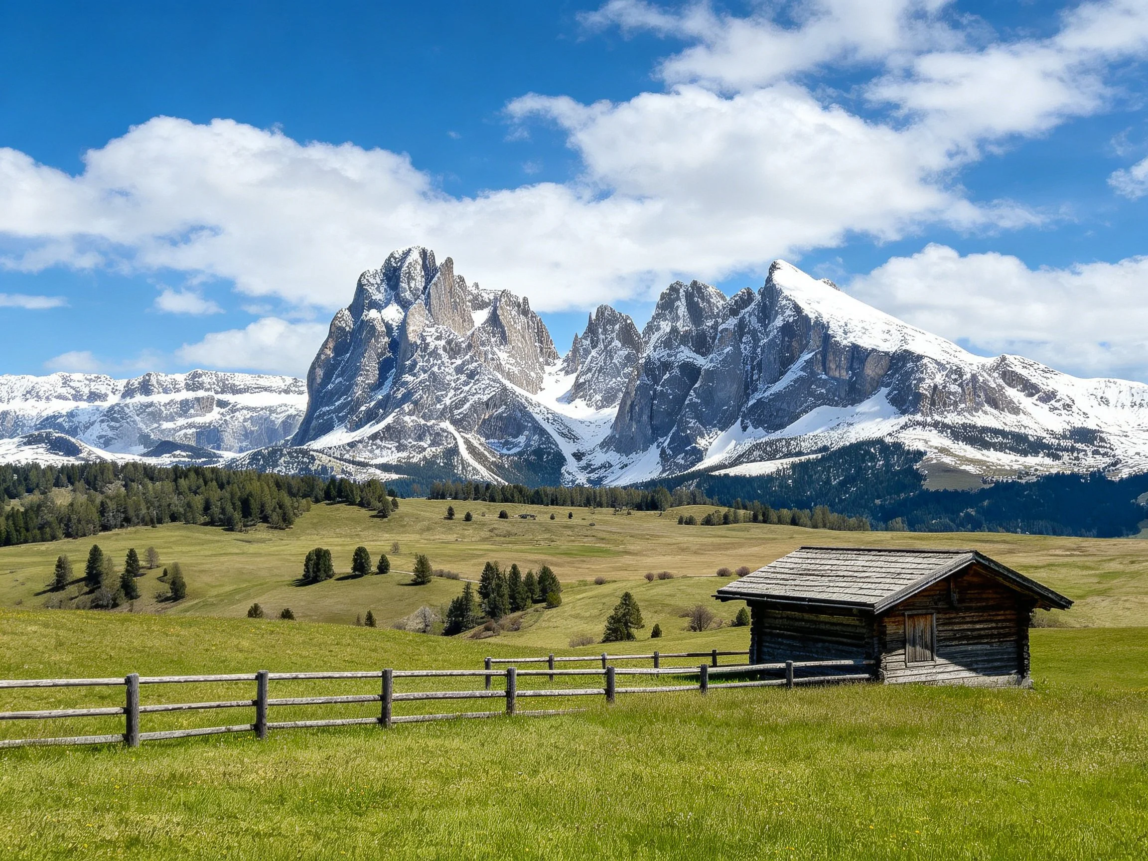 Snow-capped mountain peaks tower over a rustic log cabin and lush meadow