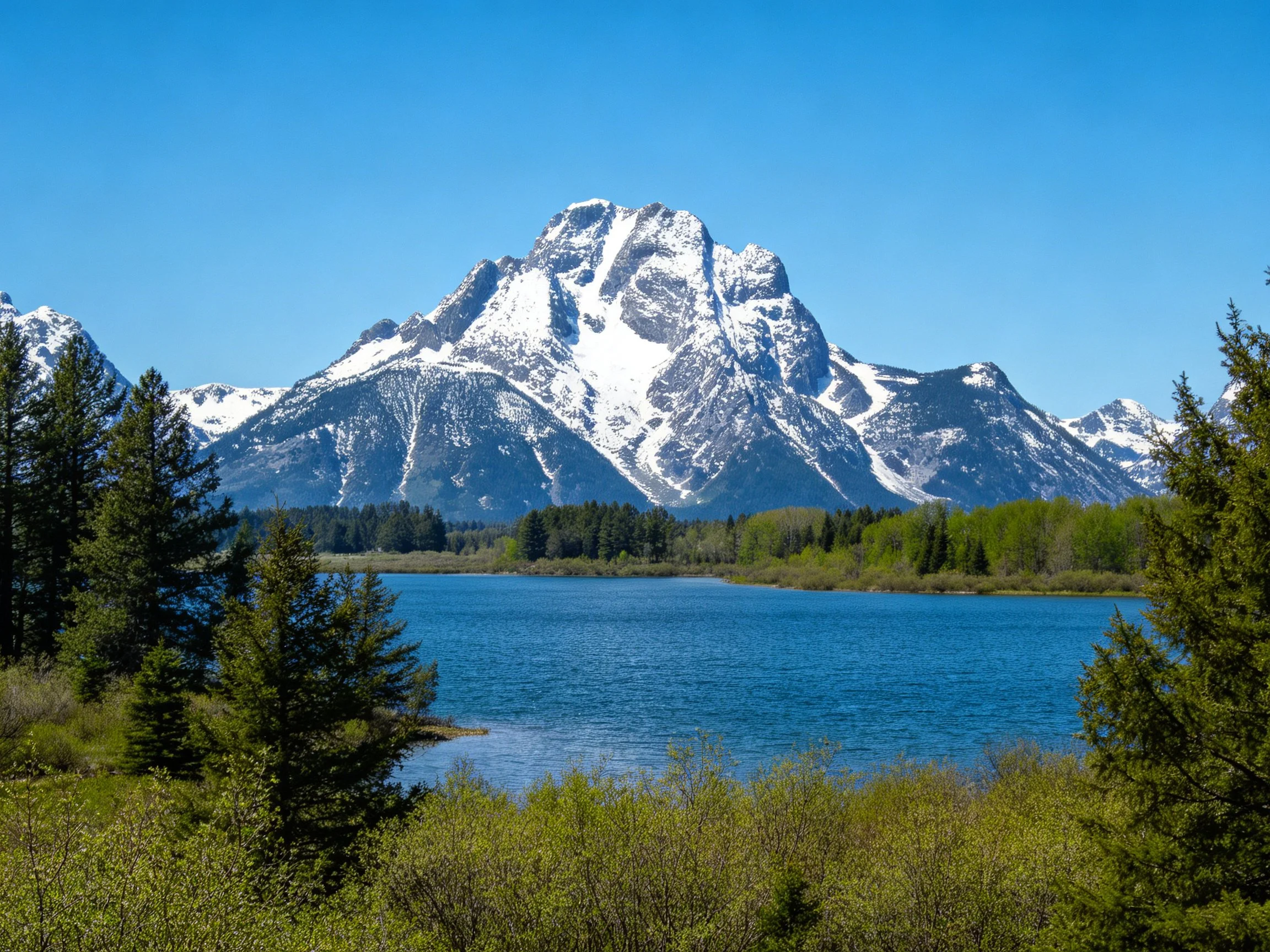 Snow-capped mountain peaks tower over a serene blue lake with lush greenery