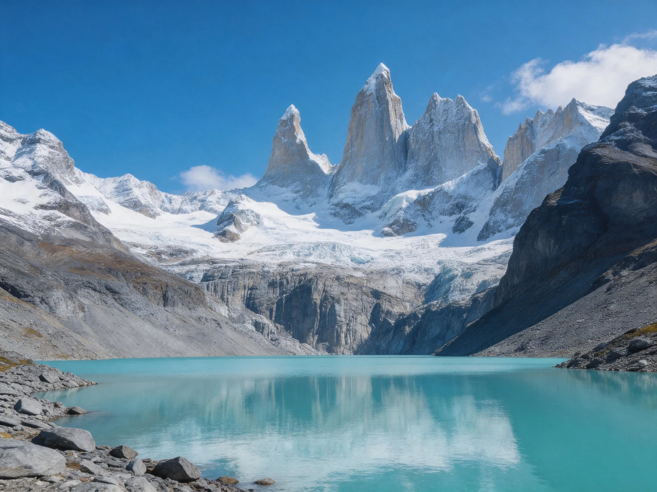 Snow - capped mountain peaks tower over a turquoise glacial lake