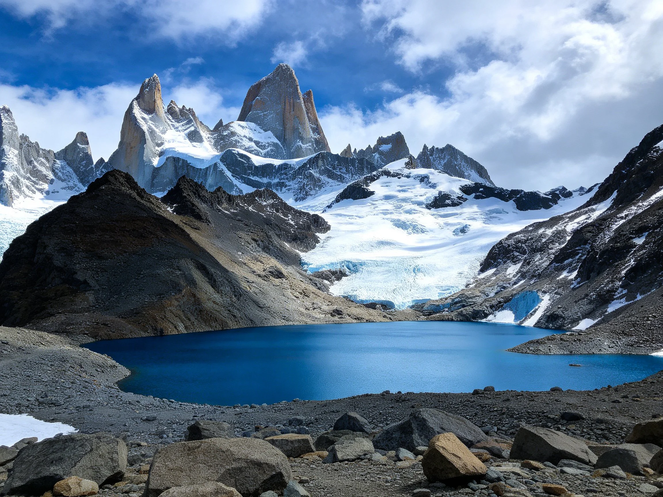 Snow-capped mountain peaks tower over a vibrant blue glacial lake