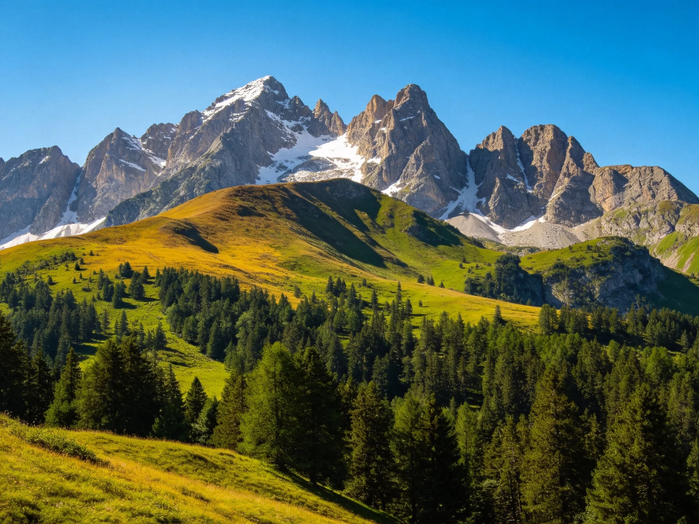 Snow-capped mountain peaks tower over lush forests and golden meadows