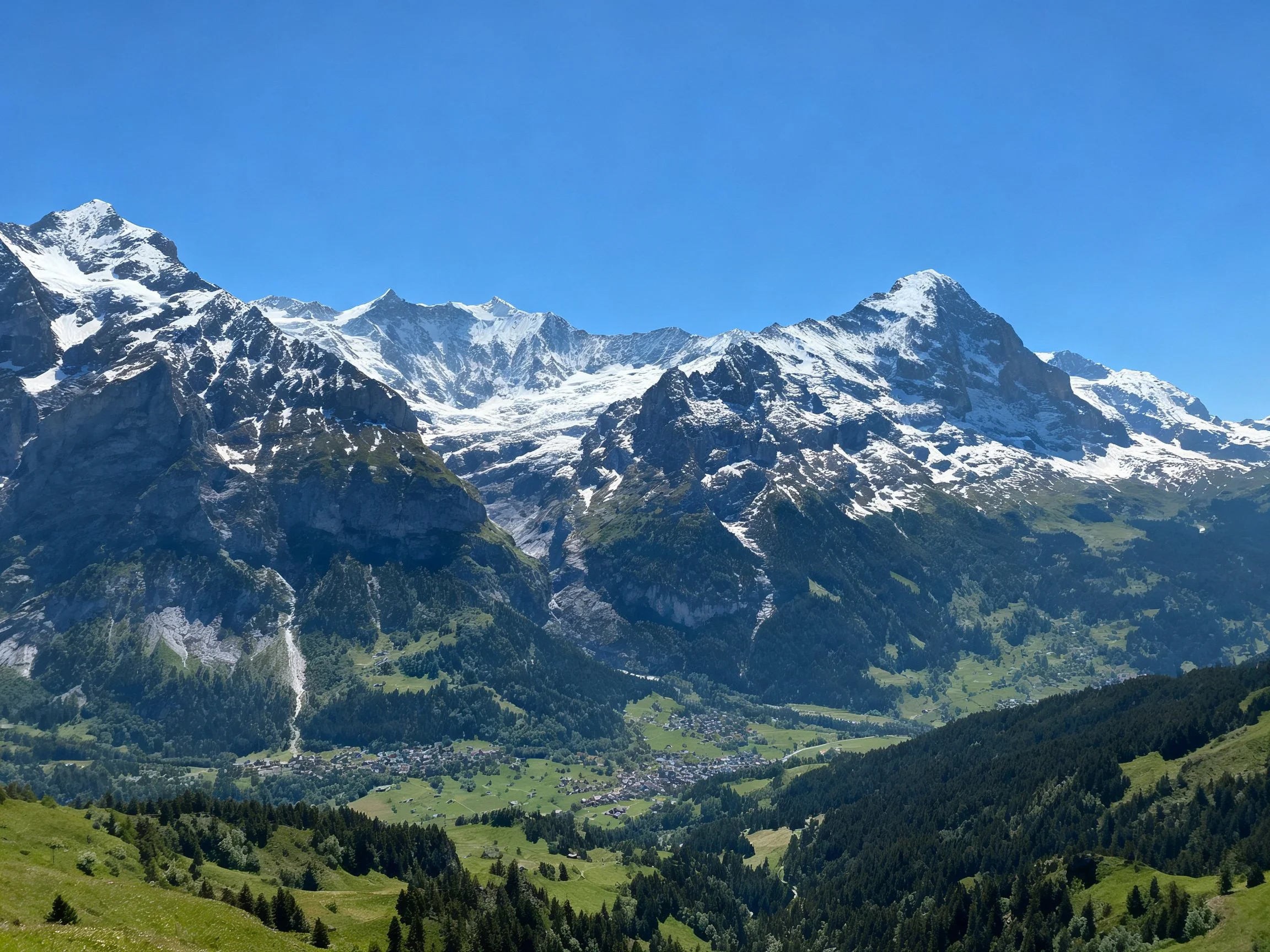 Snow-capped mountain peaks tower over lush green valleys